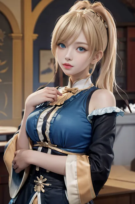 (Masterpiece, Best Quality, Big Breasts, Realism, Real, Photo: 1.4), Ji Xiaoman, Blonde, (Ulzzang-6500-V1.1:0.7), Very cute face...