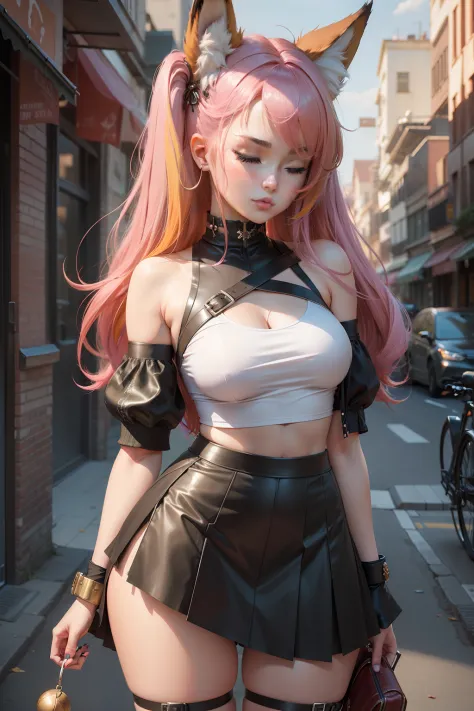 Girl 21 years old, Skirt that wraps hips, torn outfit, multicolored hair, hair bobbles, One eye closed, Fox ears, Pout, Anime style, Chiaroscuro, Depth of field, first person perspective, High details, Textured skin