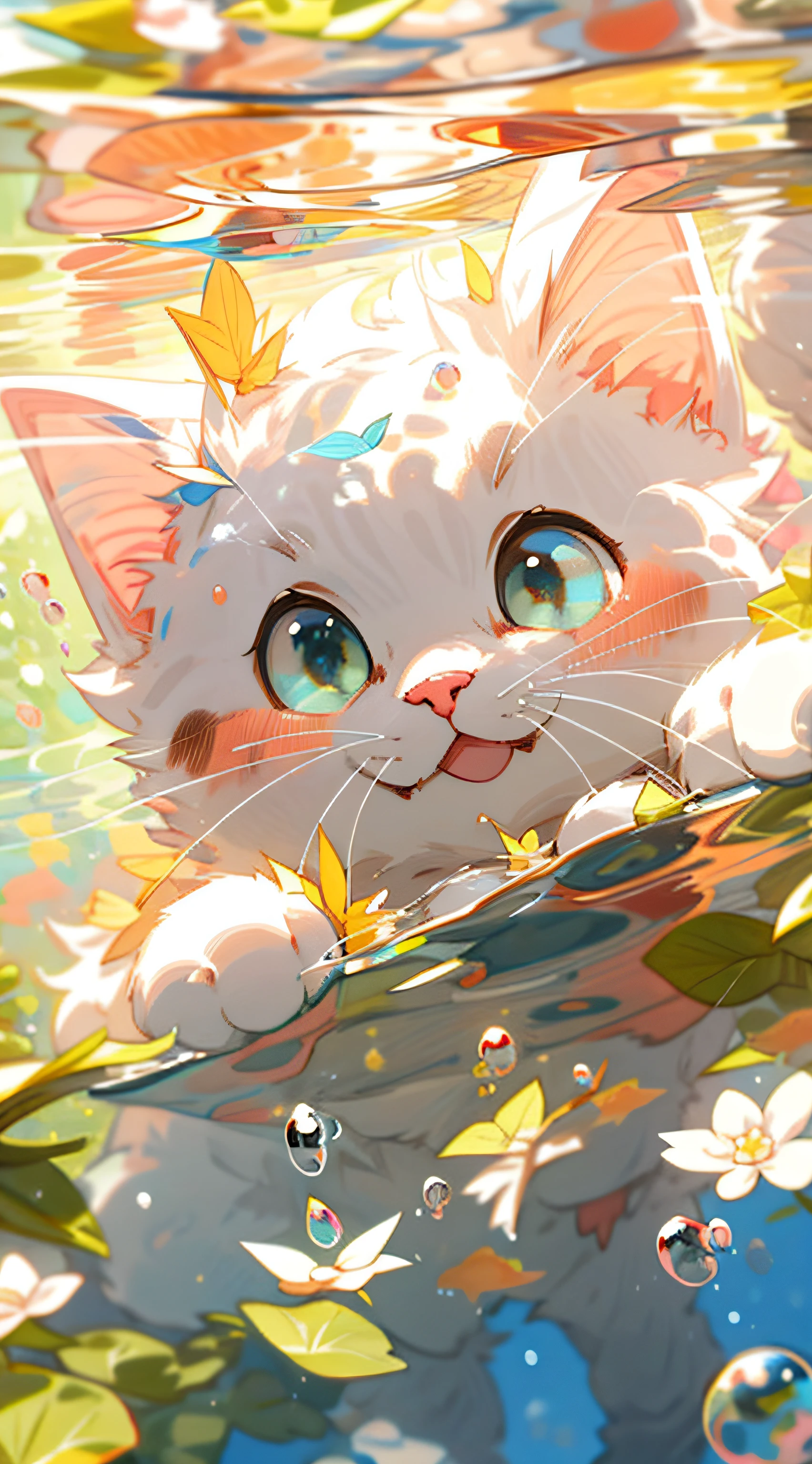 1 Cute kitten，white colors，Pink little paws，closeup of face，portraitures，hairy pubic，leafs，No Man，Under the water，water bubbles，Buble，higher details，Rich in color，adorable smile，最好质量，8K，high saturated