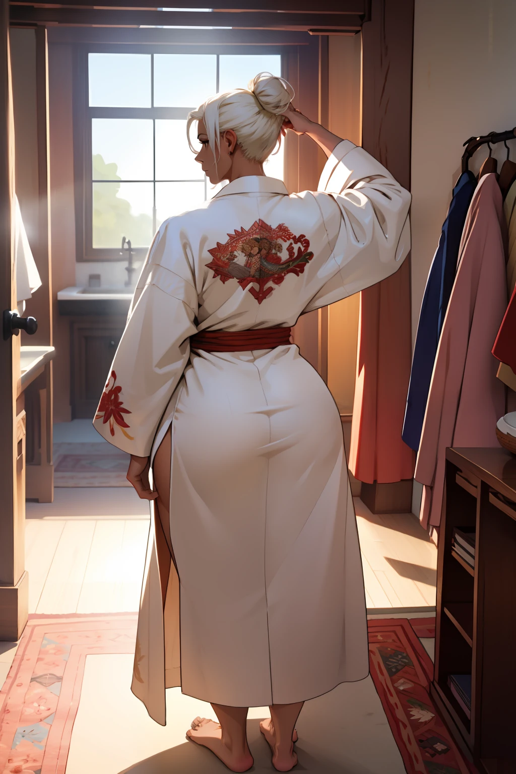 1woman, tanned skin, short white hair, muscular, (wearing embroidered robe), from behind pov, (gigantic ass)