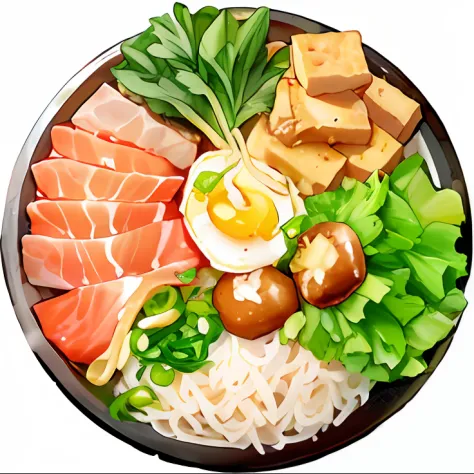 A close-up of a plate of meat, Vegetables, and eggs, tofu，shiitake，Amazing food illustration, super realistic food picture, realistic photo of delicious pho, Hand-painted cuisine, inspired by Tan Ting-pho, hayao, sougetsu, author：Xiu Wen Tianzheng, ❤🔥🍄🌪, n...