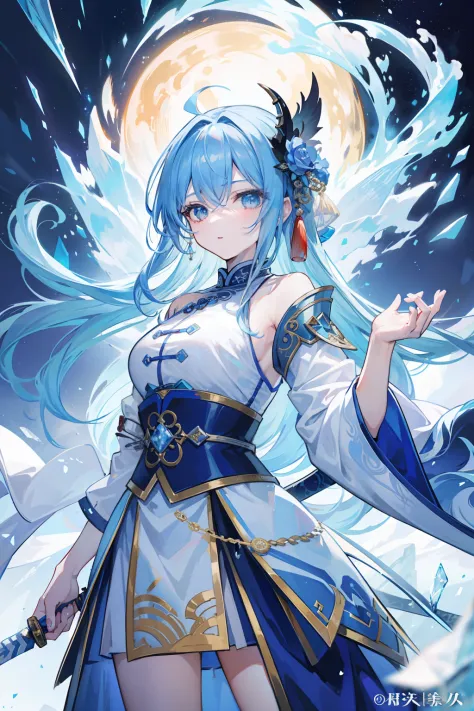 （tmasterpiece：1.2），best qualityer，best detail，Mythological elements，The background is magnificent，Ice，ice cubes，Oyuki，Continuous glaciers，Confident girl with long ice blue hair，Hold the sword in both hands，Wear traditional Chinese luxury clothing，（Hands ar...