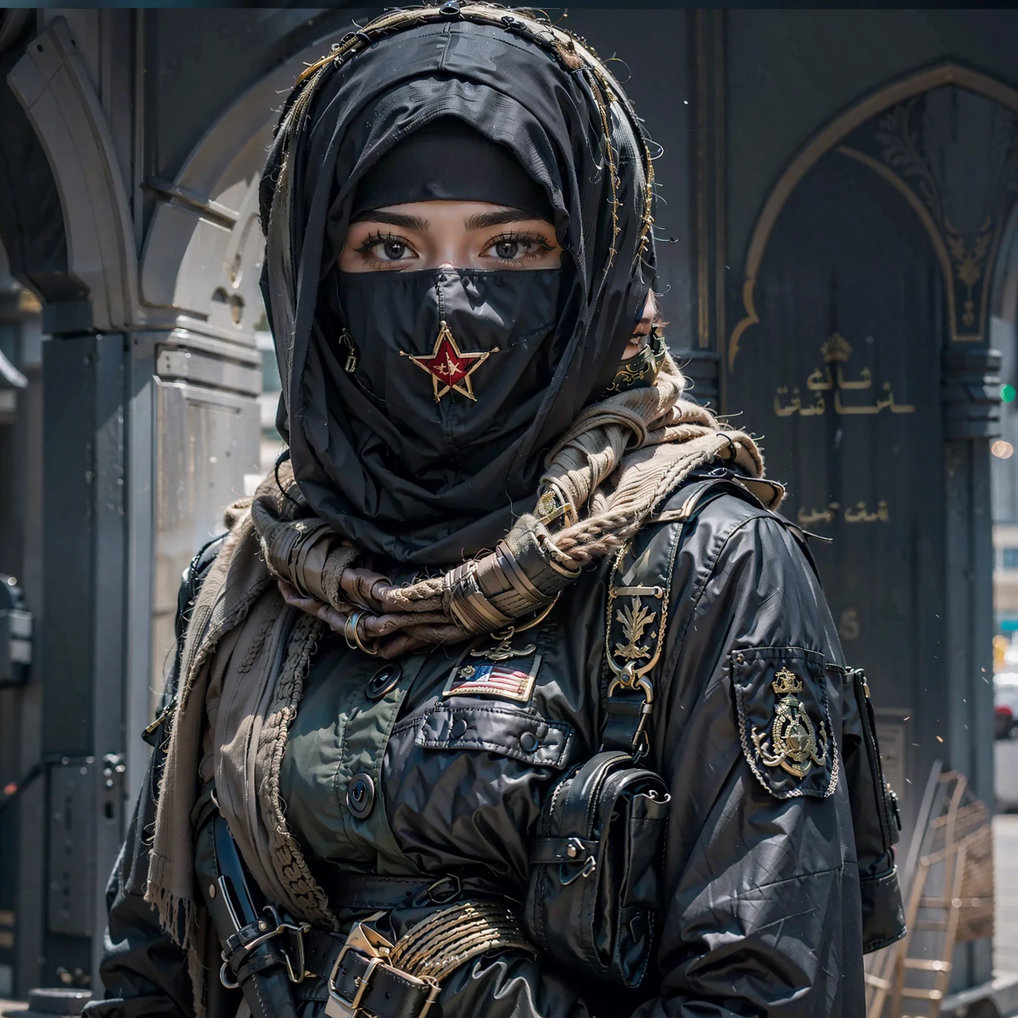 Estilo árabe cyberpunk，Academia Militar de Mujeres de Lujo Árabe，Decoración lujosa，Decoración de tela，Decoraciones de armas， aviones capturados por el ejército，Helicóptero，Tres hermosas oficiales árabes，Usando el uniforme de un oficial árabe moderno，Cubierto con una burka árabe（burka），Hiyab árabe（hijabi cachonda），velo árabe（niqab），Capucha negra，Black mask，cintura atada，enmascarado，Sólo los ojos están expuestos.，ojos afilados，Pararse en fila en la academia militar，Sosteniendo la bandera militar，All enmascarado，composición perfecta