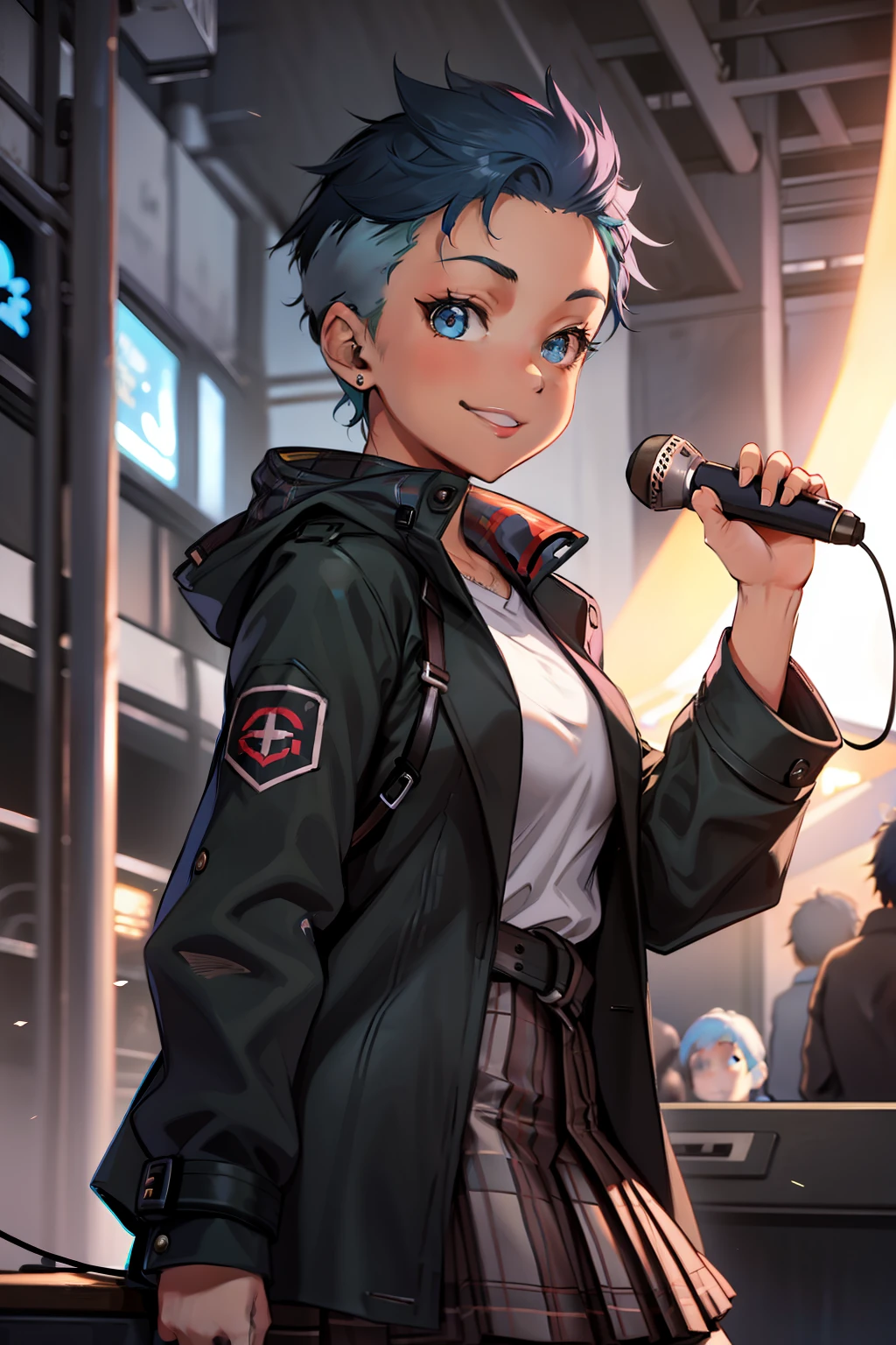 short hair girl, blue hair,  girl, black trench coat, plaid skirt, at a rock concert, smiling, 4k[