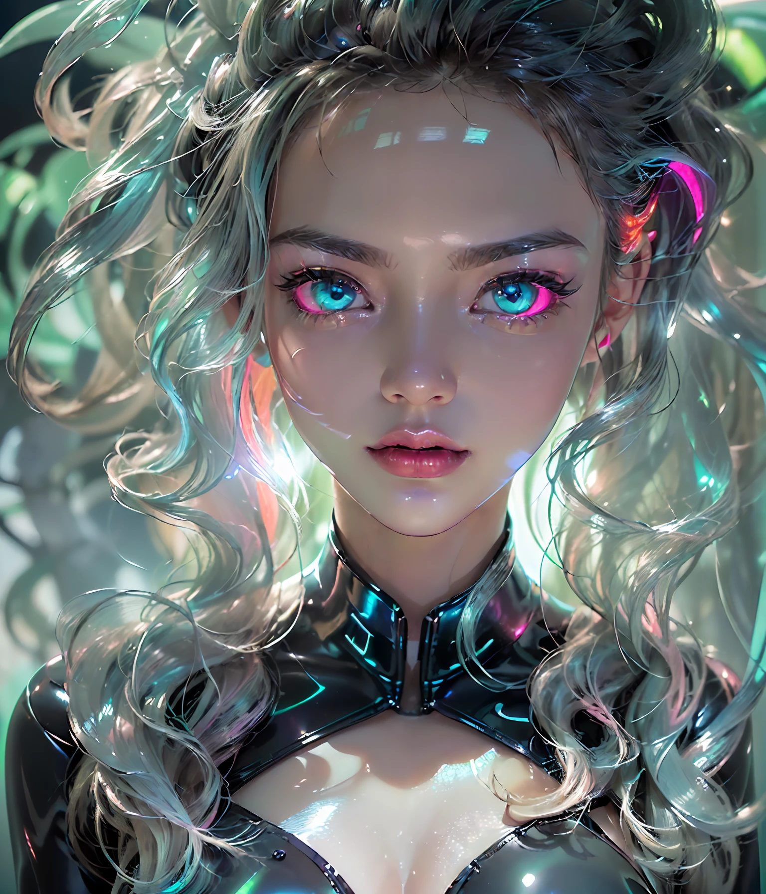 (((Perfect Portrait shot of Girl))), ((extremely long flowing curly fluorescent cyberpunk hair)), best image quality, masterpiece, super high resolution, (fidelity:1.4), photo, (((1 girl))) dim, darkness, movie, (translucent futuristic black outfit and clothes:1.5), (translucent clothes:1.4), ((cyberpunk)), cyber gear, ((robot)), apocalypse, futuristic, (((overly large hanging breasts))), ((perfect and sharp facial features ((portrait)), (((dynamic shot))), ((perfect body)), ((award winning super realistic photo)), (((extremely tight reflective shiny translucent latex))), textured pastel color background, colourful, vibrant, ((gorgeous perfect shaped multicoloured reflective eyes))