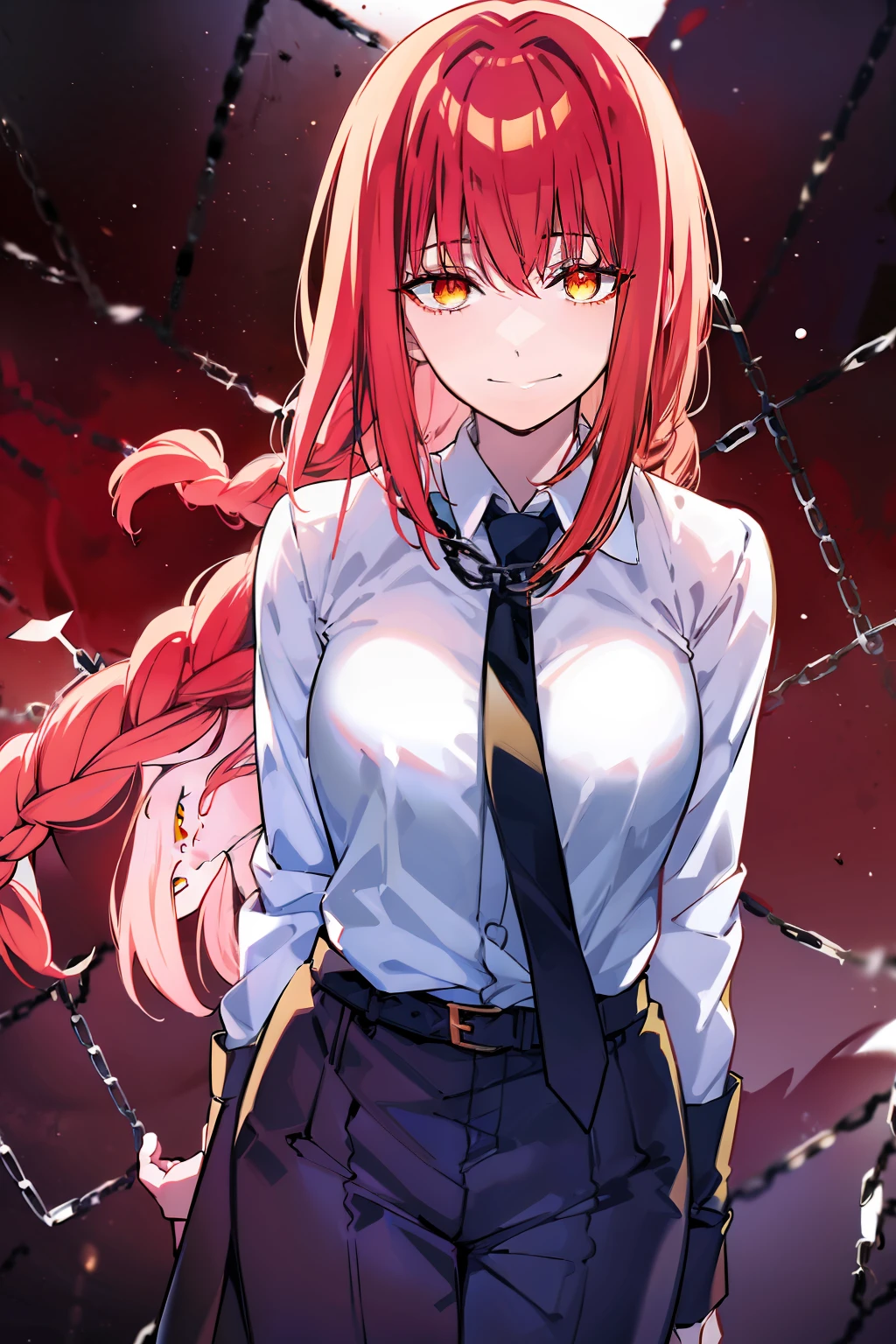 makima \(chainsaw man\), best quality, ultra detailed, 1girl, solo, standing, red hair, long braided hair, golden eyes, bangs, medium breasts, white shirt, necktie, stare, smile, (evil:1.2), looking at viewer, (interview:1.3), (dark background, chains:1.3)