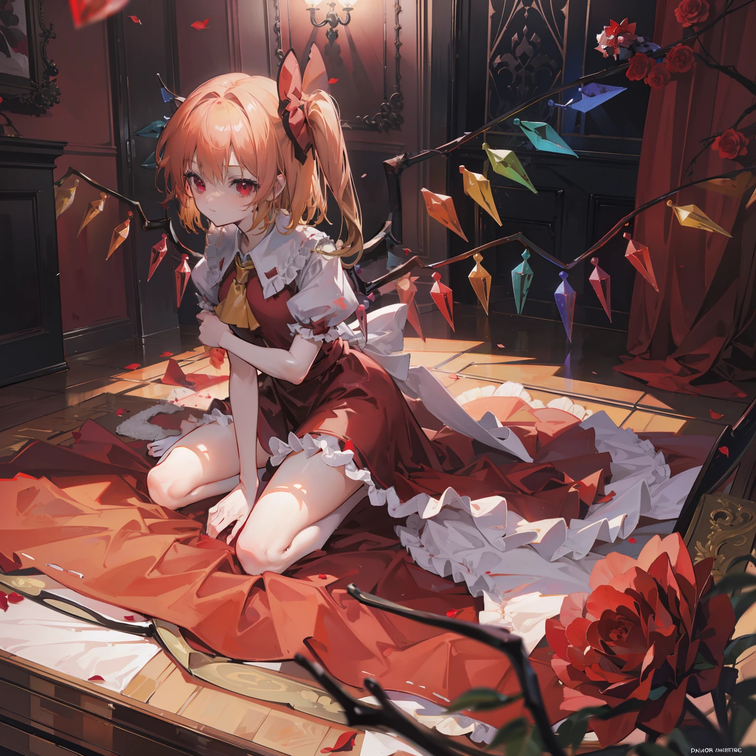 Flanders Scarlet in a combat pose, masutepiece, Fine detail, 4K, 8K, 12K, Solo, Solo, Beautiful Girl, caucasian female, Flandre Scarlet, floating, western building, Indoors, on the beds, Teddy Bear , Rose petals, Blood, Night