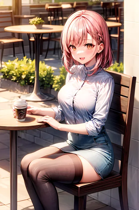 1girl, mature female, milf, cafe, sitting at a cafe table, calling someone, happy face, blush, pink hair, yellow eyeballs, coffe...
