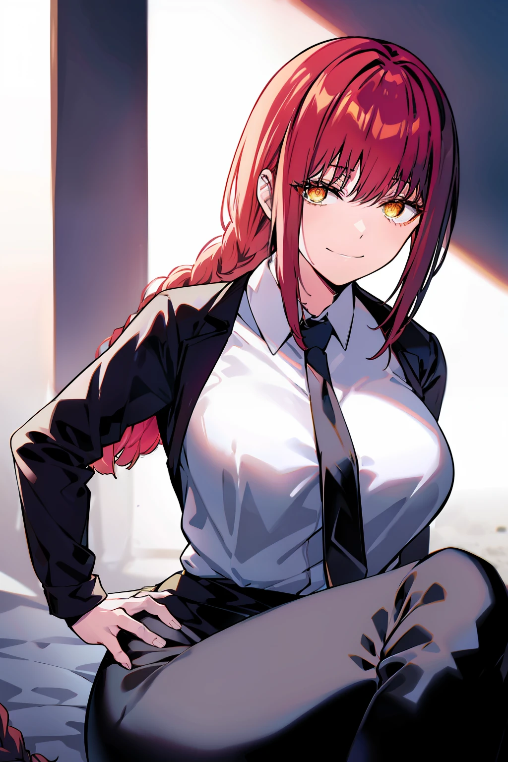 makima\(chainsaw man\), smile, long sleeves, red hair, necktie, large breasts, solo, looking at viewer, thick thighs, hand on hip, pants, black pants, yellow eyes, 1girl, white shirt, braided ponytail, ringed eyes, high-waist pants, shirt, braid, shirt tucked in, simple background, white background, black necktie, collared shirt