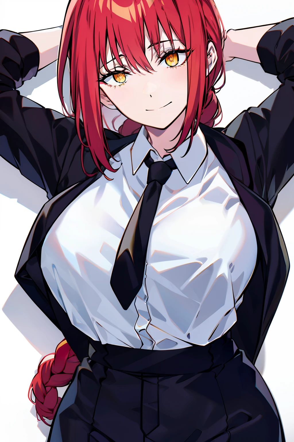 makima\(chainsaw man\), smile, long sleeves, red hair, necktie, large breasts, solo, looking at viewer, thick thighs, hand on hip, pants, black pants, yellow eyes, 1girl, white shirt, braided ponytail, ringed eyes, high-waist pants, shirt, braid, shirt tucked in, simple background, white background, black necktie, collared shirt