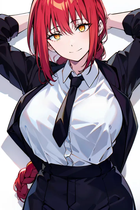 makima\(chainsaw man\), smile, long sleeves, red hair, necktie, large breasts, solo, looking at viewer, thick thighs, hand on hi...