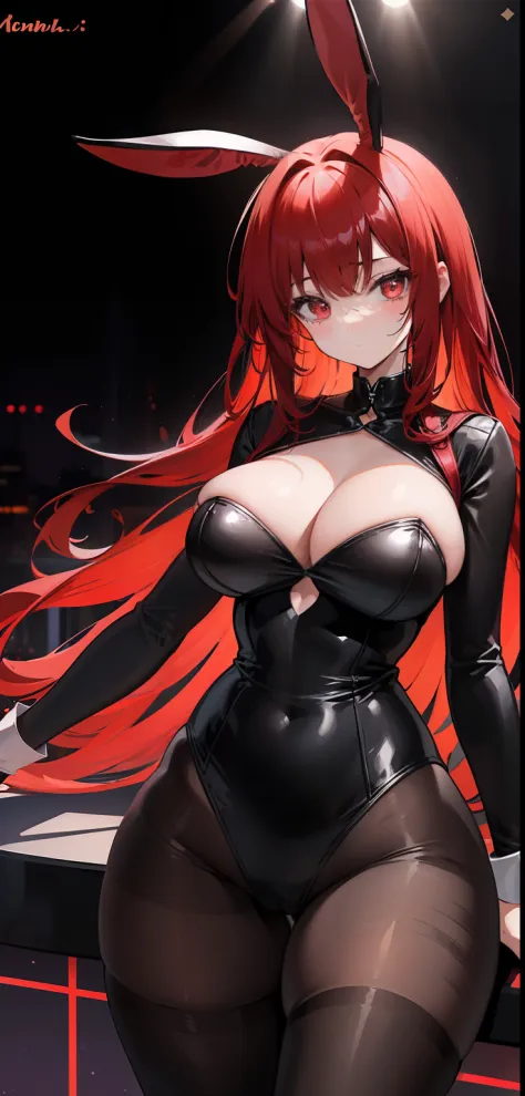 1 Girl, big red hair, black hair tips, bangs, eye hair, sexy anime rabbit outfit with pantyhose, thin waist, big chest, thick legs, big thigh, standing, background scenery, in a nightclub, colored lights, ambient details, ultra-detailed