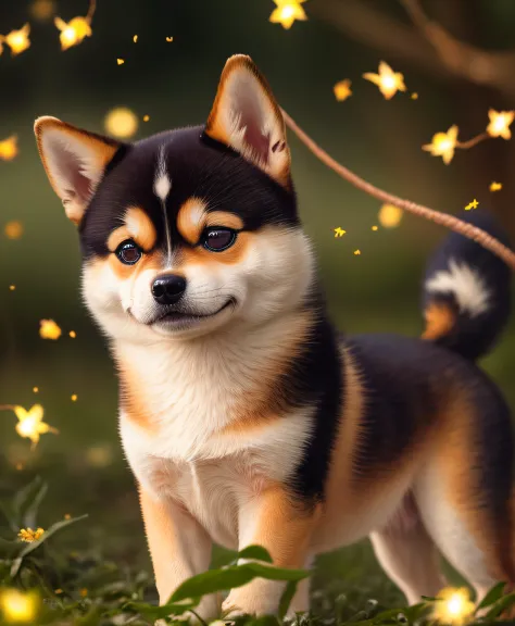 close up photo of shiba inu in the enchanted forest、natta、fireflys、volumetric fog、halation、bloom、dramatic atmosphere、central、thi...