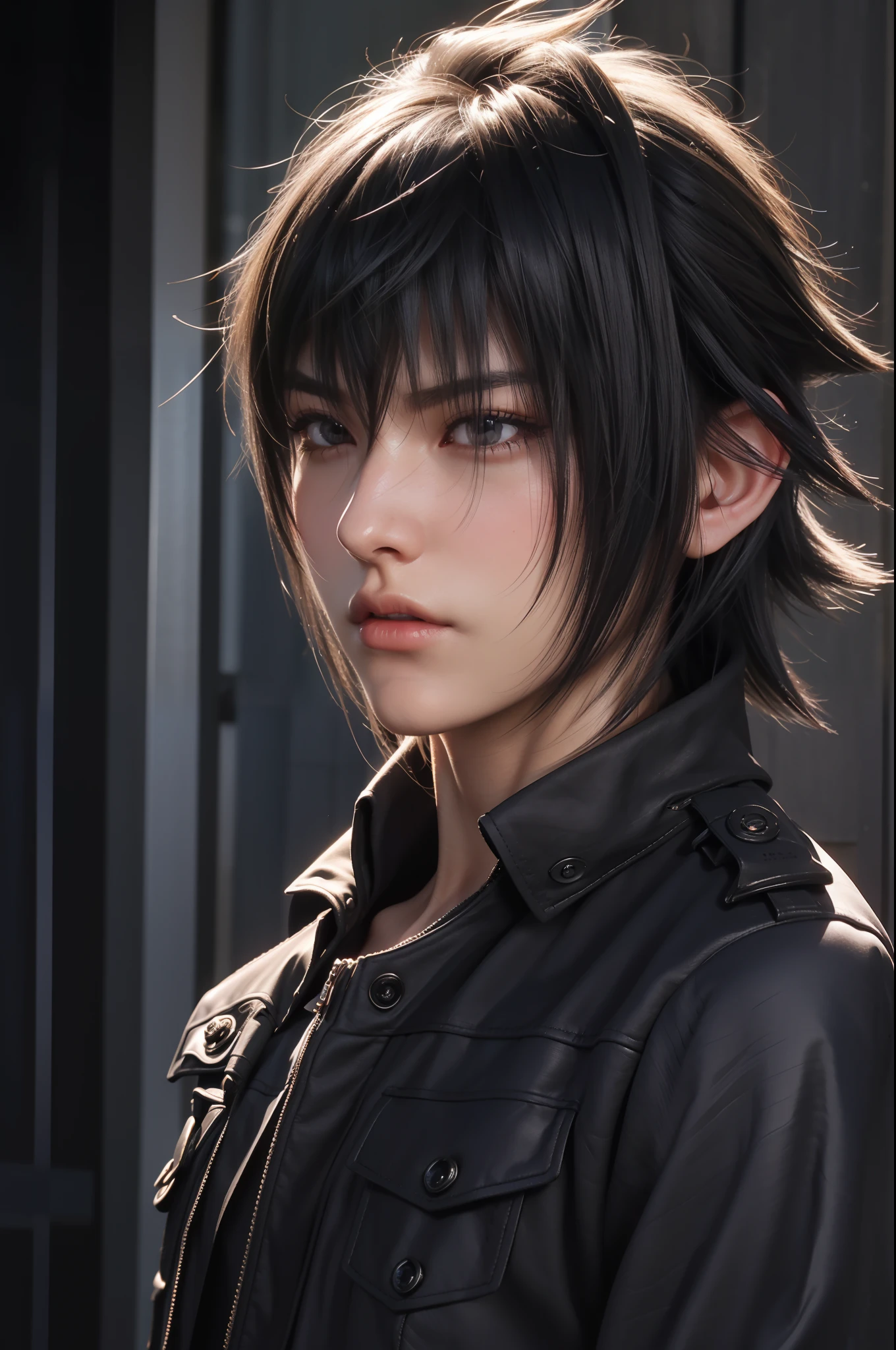 （absurderes，A high resolution，ultra - detailed，realisticlying，），1 male，独奏，mature，Tall muscular man，broad shoulder，Handsome，Very short hair，brunette color hair，with brown eye，Angular chin，Thick neck，thick eyebrow，The upper part of the body,Noctis