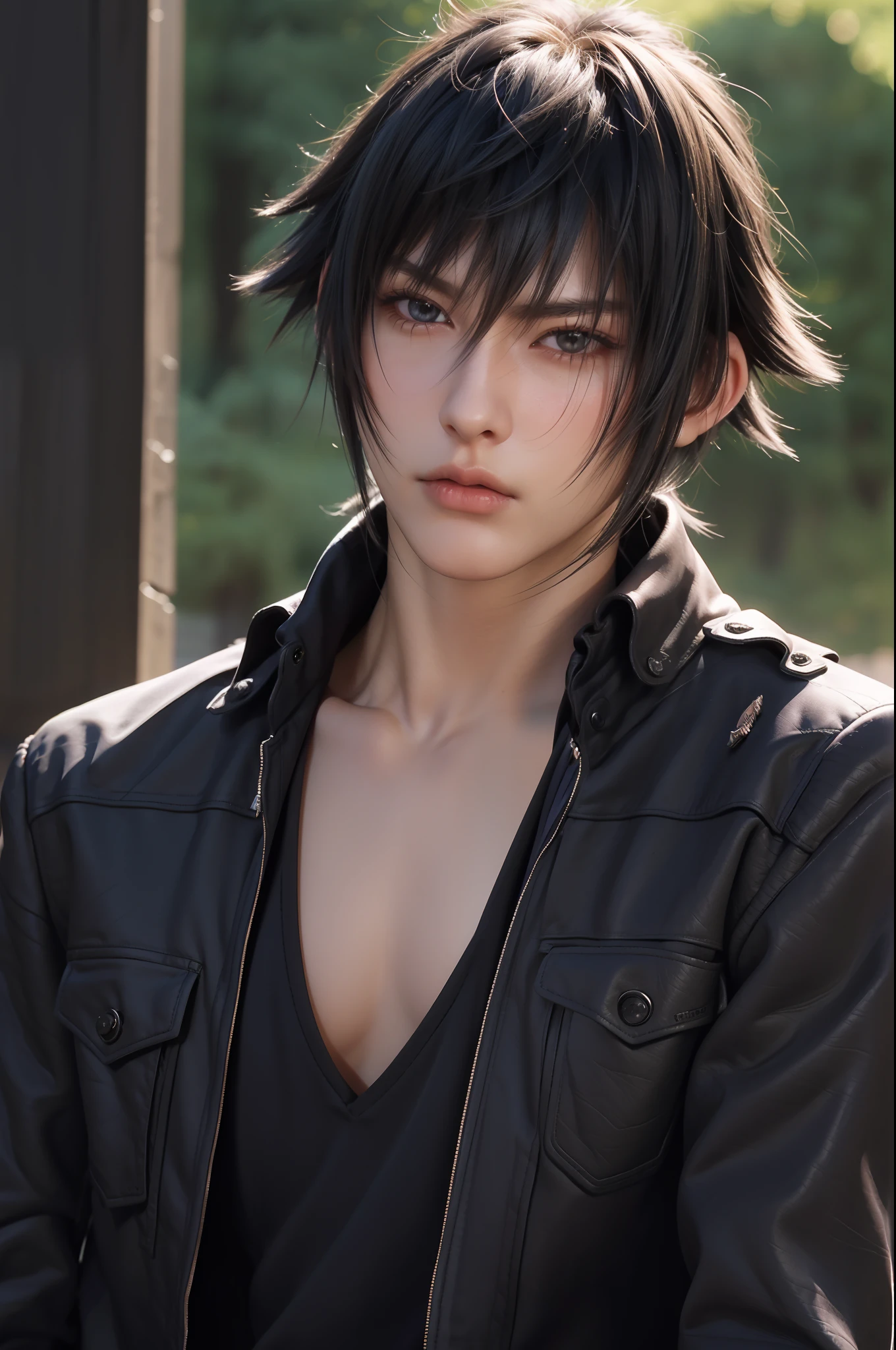 （absurderes，A high resolution，ultra - detailed，realisticlying，），1 male，独奏，mature，Tall muscular man，broad shoulder，Handsome，Very short hair，brunette color hair，with brown eye，Angular chin，Thick neck，thick eyebrow，The upper part of the body,Noctis