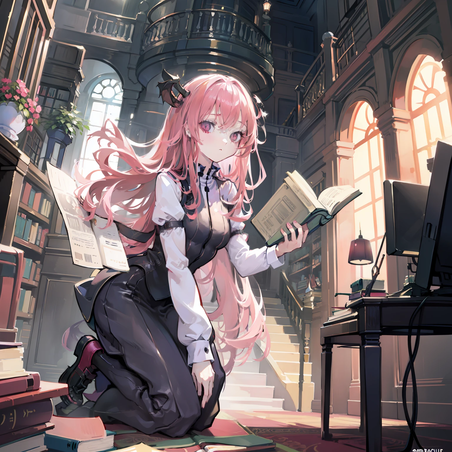 Illustration of a floating woman, masutepiece, Fine detail, 4K, 8K, 12K, Solo, Alone, Beautiful Girl, caucasian female, Kobold, Pink hair, Spiral staircase, Library, floating book