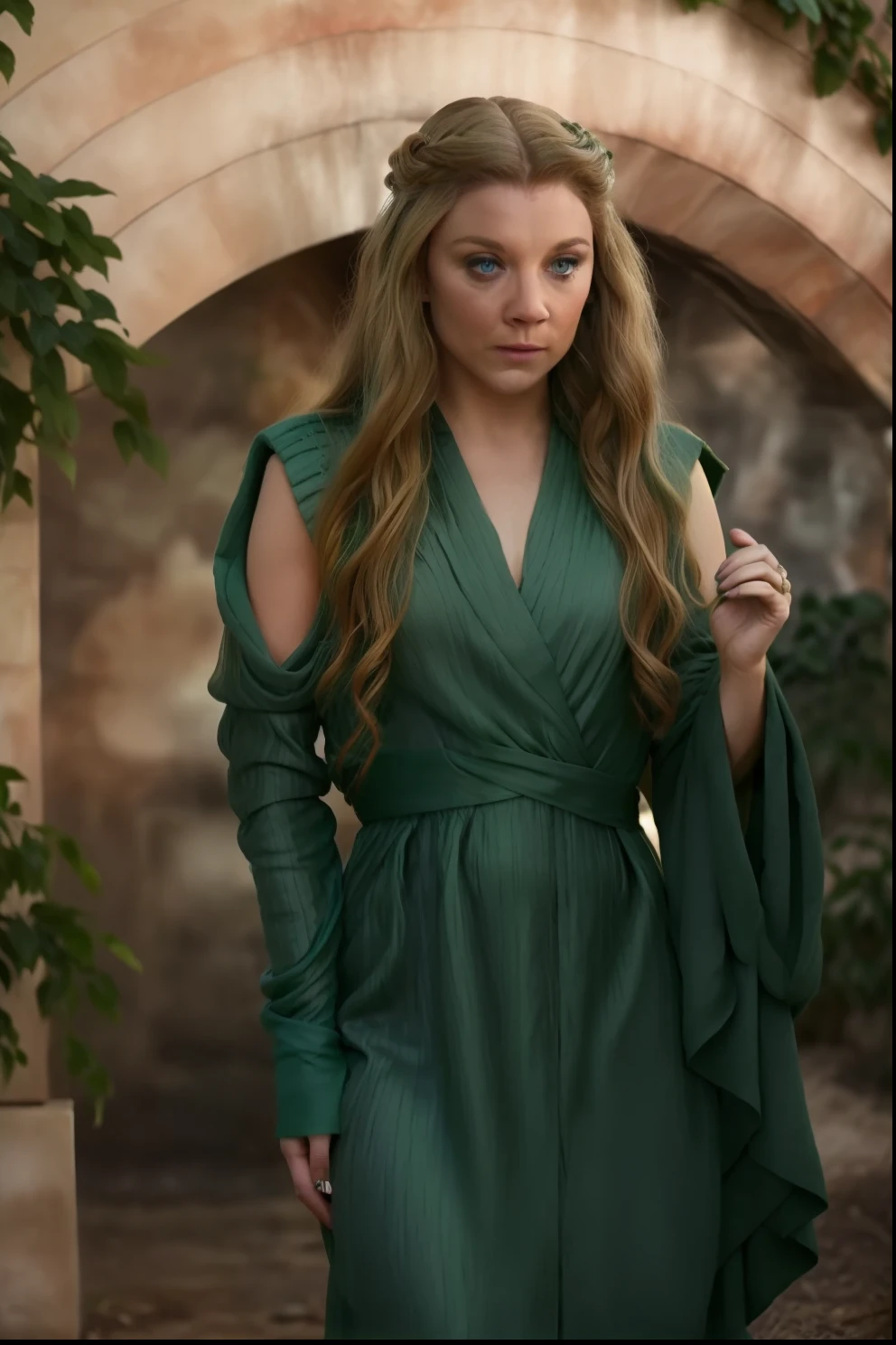 a woman in a dark green dress standing, com um manto verde, ela usa um vestido verde escuro, vestido com um manto verde, Green robes, Capa Verde, vestindo um manto verde, vestindo capa verde, Manto verde, vestindo apenas um manto verde, capa verde escura, green tunic, vestindo vestes verde-escuras, Natalie Dormer, cabelos castanhos escuros, olhos verdes, Tyrell, Game Of Thrones, arte semi realistica, anime arte