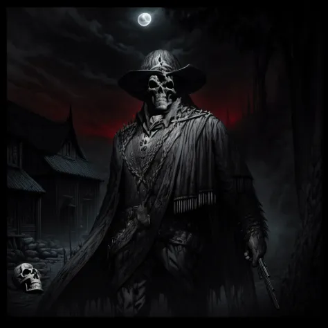 Dark Country album cover, with a skull-faced man in the moonlight holding an art-style pistol of engraving, monochrome, cool col...