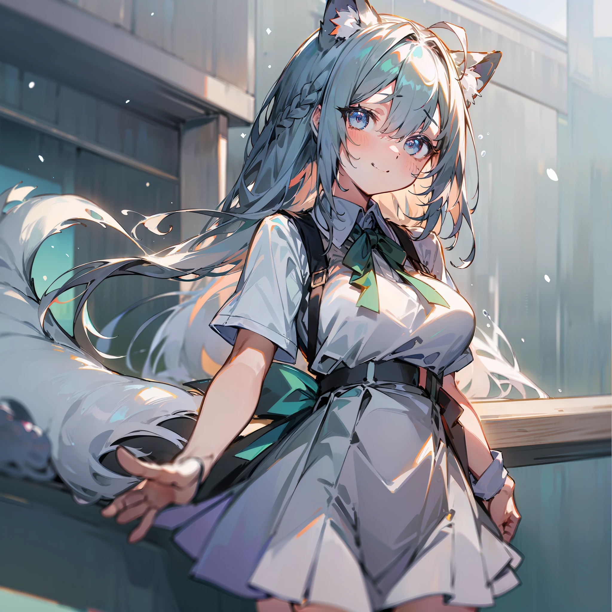 (ultra - detailed), 1个Giant Breast Girl，Ray traching，Light blue horse face skirt，White color blouse(short- sleeved),Blue right eye,Green left eye,15year old, White fox ears, Snow leopard tail,2D, tmasterpiece, top-quality, anime big breast, A detailed eye, A detailed face, 1 person only,Long hair，whaite hair, (whaite hair),Single braid, (Single braid), (SideBraid), Ribbon around the neck,Facial expression enhancement,ssmile，En plein air