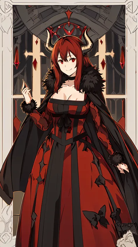 1girl, maoyu, horns, choker, fur trim, black cape, long red dress, floating_hair, glowing eyes, red eyes, ruby eyes, solo, looki...