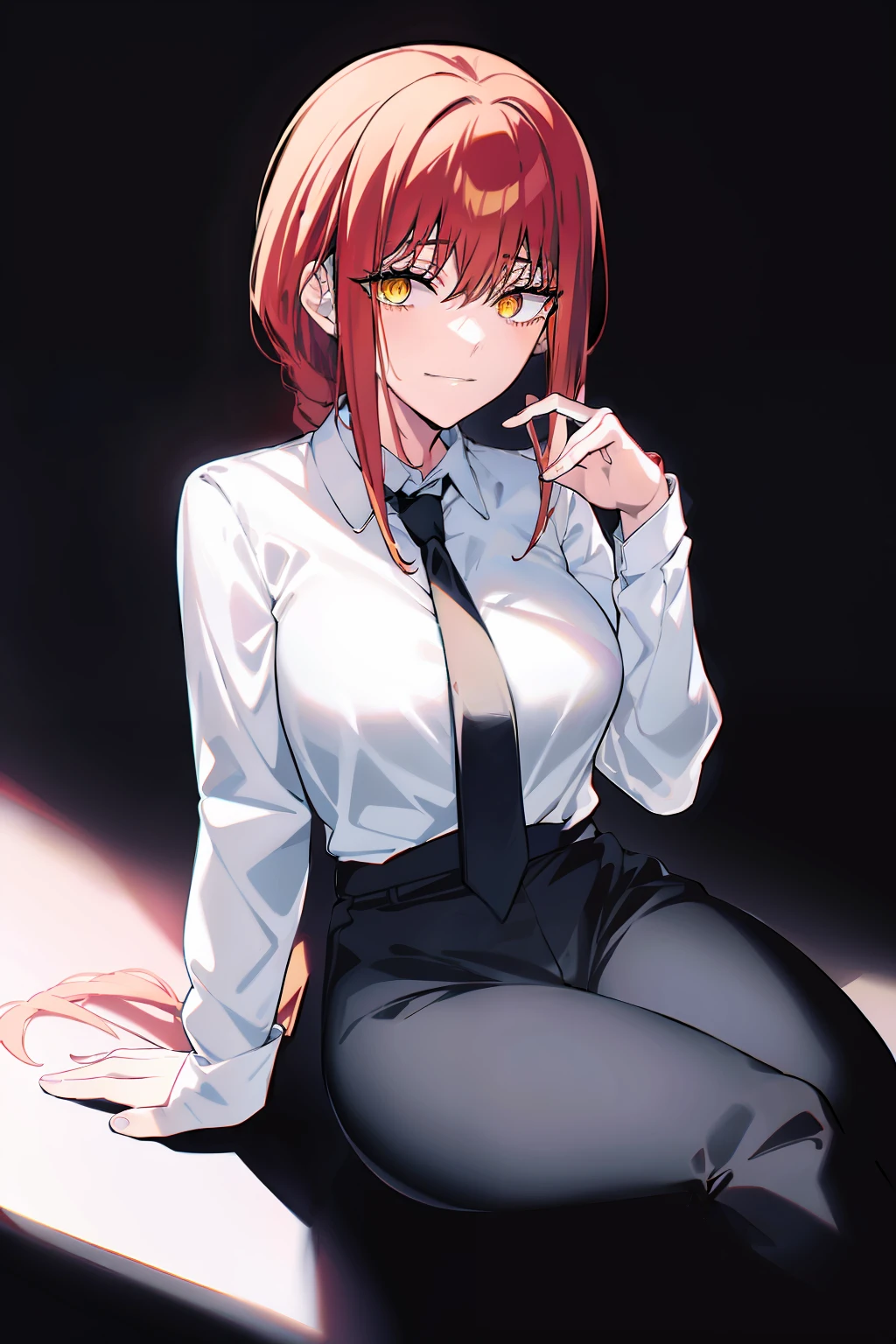 makima\(chainsaw man\), long sleeves, red hair, solo, looking at viewer, black pants, crossed legs, yellow eyes, 1girl, white shirt, medium breasts, ringed eyes, shirt, lips, simple background, cleavage, black background, collared shirt, sitting