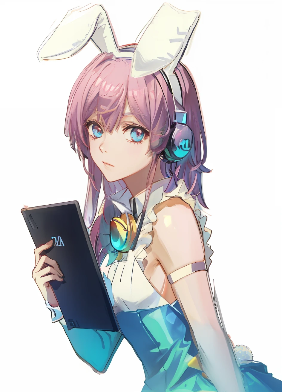 Anime girl holding tablet wearing headphones，Wearing rabbit ears, with headphone, kda, Wearing a gaming headset,Wearing a gaming headset, Fine masterpiece，a beauty girl，