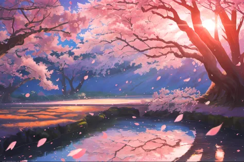 (Photorealistic:1.2), illustratio：Hidenori Matsubara, A vibrant fantasy landscape, cherry blossom petals falling, Illuminated by a warm and inviting sunset, Smooth shadows and textures, and a subtle glow