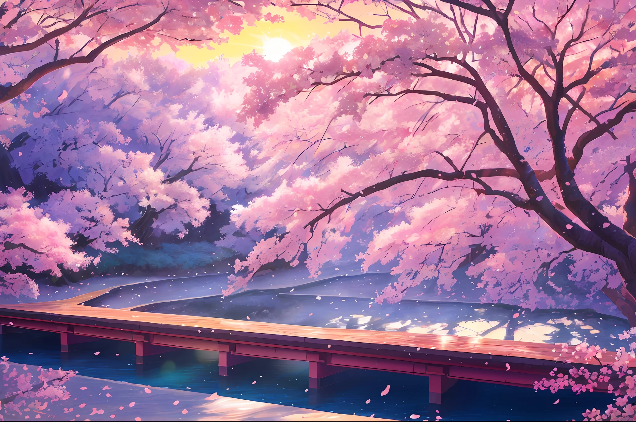 (fotorealistisch:1.2), Aufklärung：Hidenori Matsubara, Eine lebendige Fantasielandschaft, Kirschblütenblätter fallen, Beleuchtet von einem warmen und einladenden Sonnenuntergang, Weiche Schatten und Texturen, und ein subtiles Leuchten