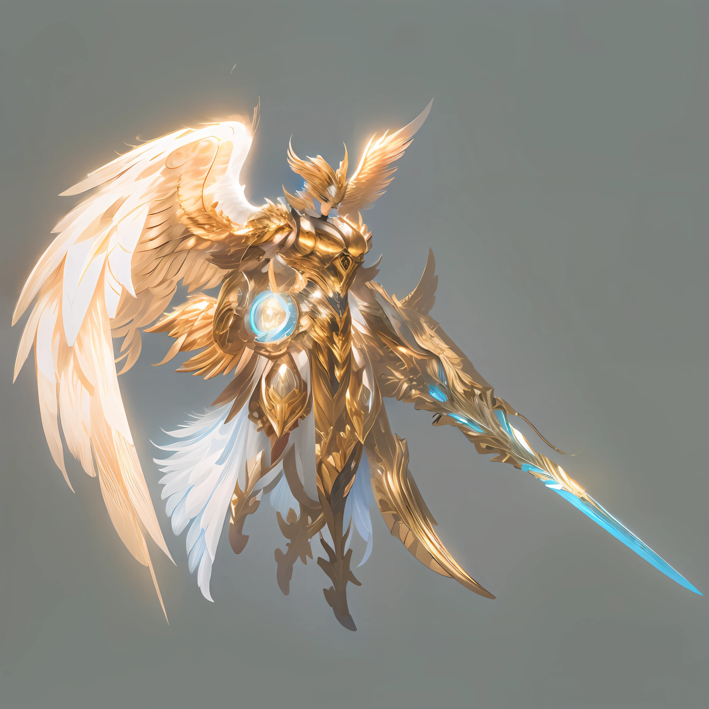 A close-up of a Valkyrie holding a long sword and shield, angelic golden armor, armor angle with wing, Mecha wings, seraphim, gold paladin, Mechanical wings, mechanical angel, Light gold armor, heavy white and golden armor, mystical atlantean valkyrie, spirit fantasy concept art, golden and copper shining armor, mechanized valkyrie, ((masterpiece,best quality,official art,extremely detailed CG unity 8k wallpaper)), with black background:1, sword art, filim shooting, dof, super visual