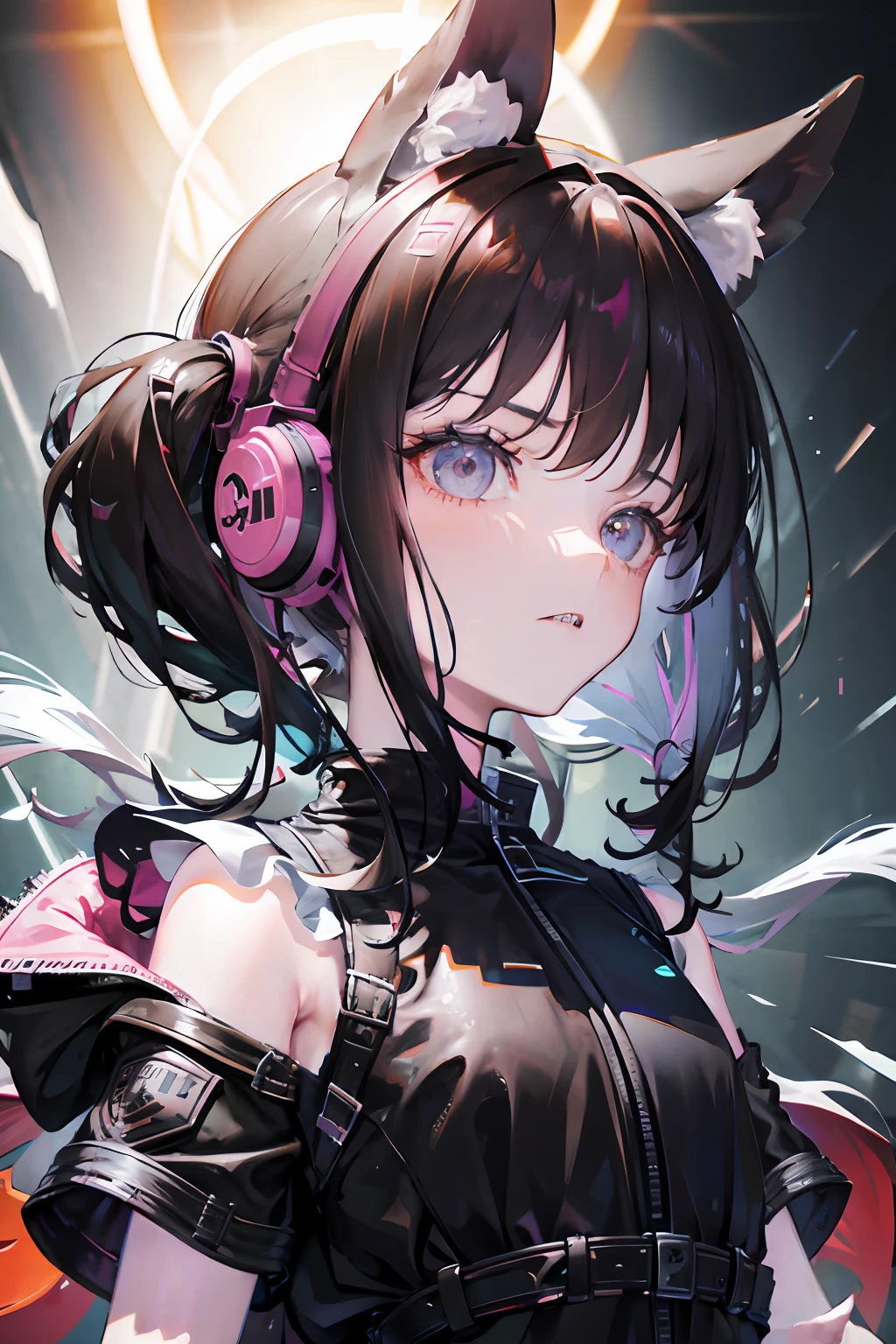 Masterpiece, best quality, colorful, a teenager with pink|black pigtails wearing a detailed leather jacket and anime tee-shirt touching a translucent panel, in a dark void filled with small intense light particles,   jacket off a shoulder, floating screens in front, dramatic viewing angle, dynamic pose, (face focus close up:1.2), detailed headphones with neon ears

All in view

Depth of field, high resolution, extreme intricate details, dramatic shadows, global illumination