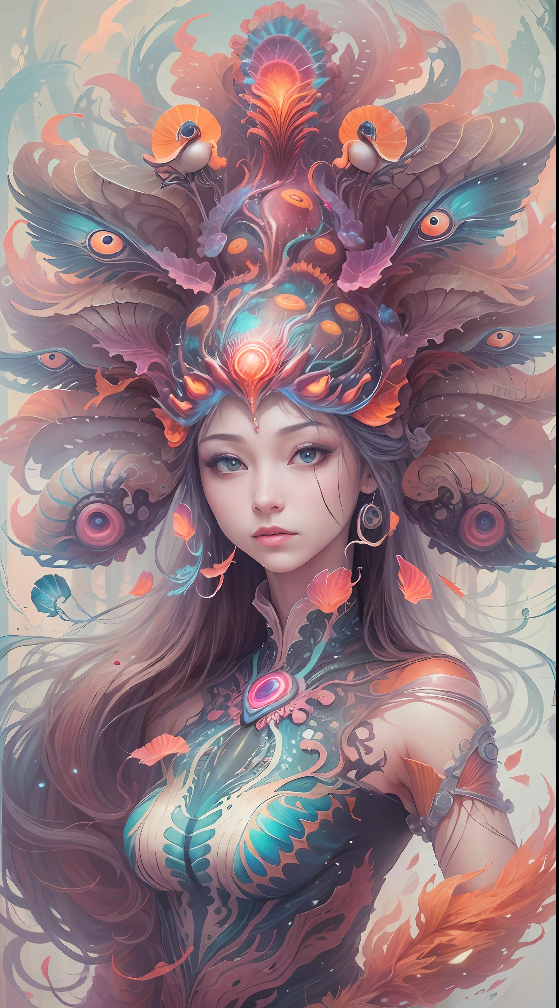 best qualtiy，tmasterpiece，Ultra-high resolution，（photograph realistic：1.4），Ultra-realistic realism，Dream-like，The beautiful goddess wears a phoenix peacock on her head, nautilus, a betta fish，The creation of fantasy，Brain conch，Dream Conch，Biopunk nautilus，Thrilling color scheme， Ultra-realistic realism， abstracted， psychedelia,