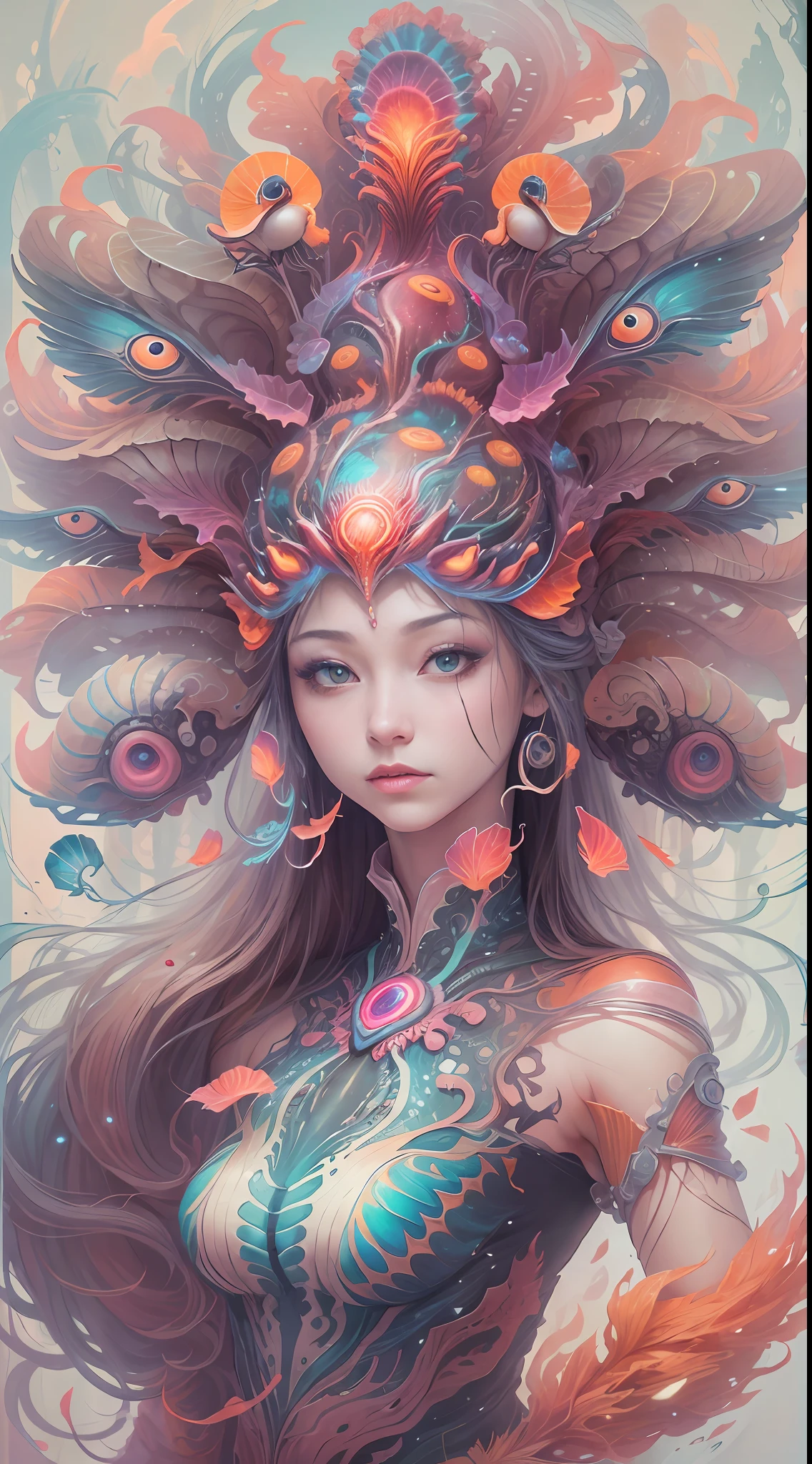 best qualtiy，tmasterpiece，超高分辨率，（photograph realistic：1.4），ultra-realistic realism，Dream-like，The beautiful goddess wears a phoenix peacock on her head, Nautilus, a betta fish，The creation of fantasy，Brain conch，Dream Conch，Biopunk Nautilus，Thrilling color scheme， ultra-realistic realism， abstracted， psychedelia,