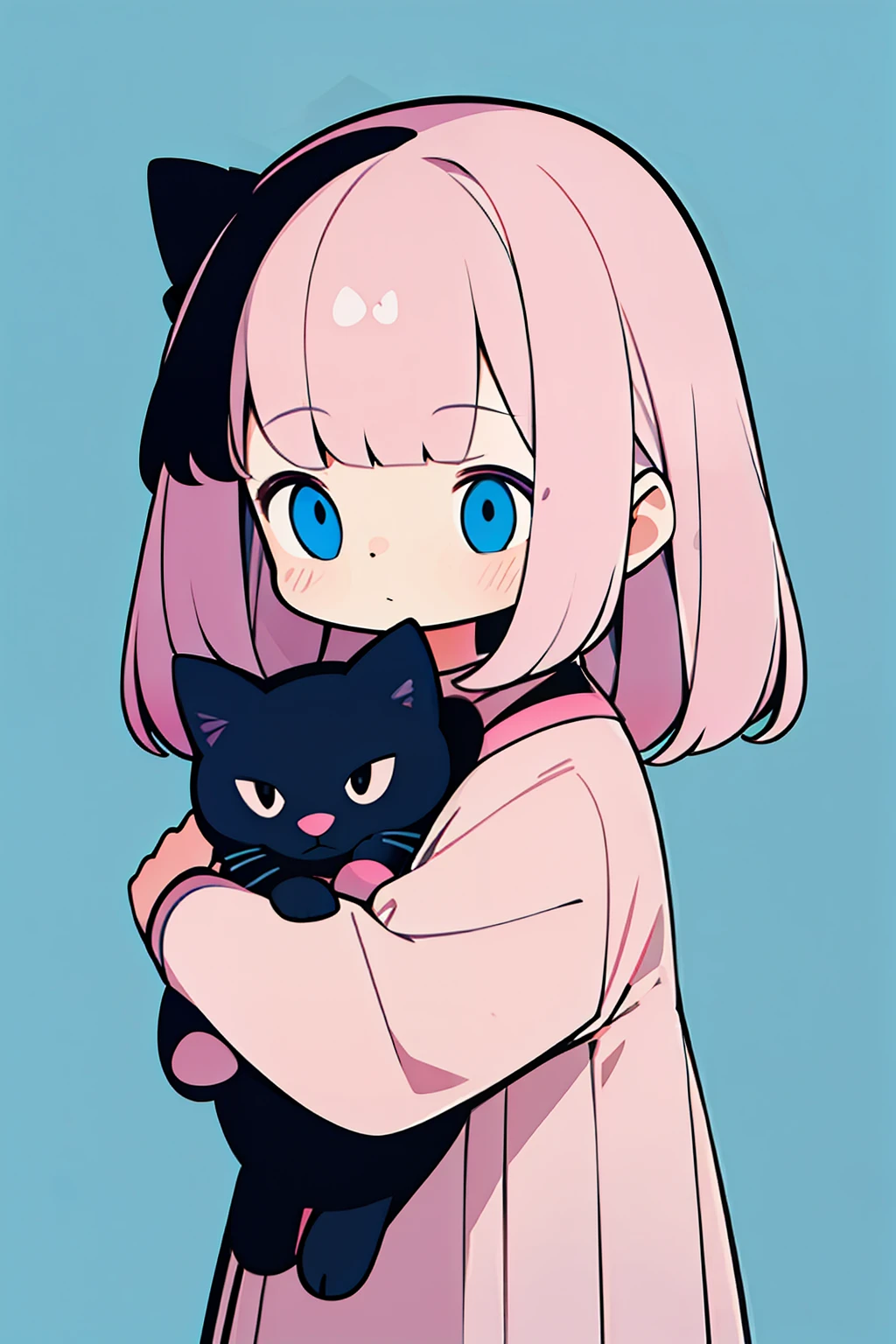 A cute  holding a gray cat，Pink hair，Face near - up，looking at viewert，The upper body of the character，flatillustration，geometric shapes，Maximalism，Style by Aka Outwork，Blue background --ar 3：4 - Style expression