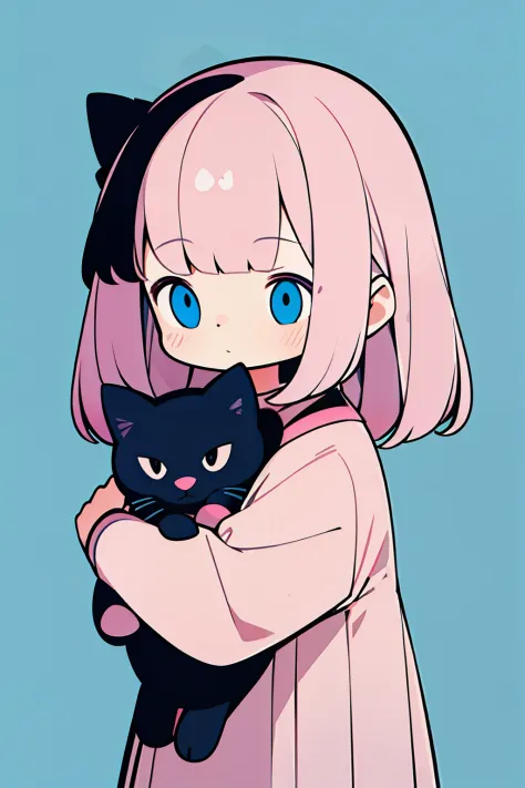 A cute little girl holding a gray cat，Pink hair，Face near - up，looking at viewert，The upper body of the character，flatillustrati...