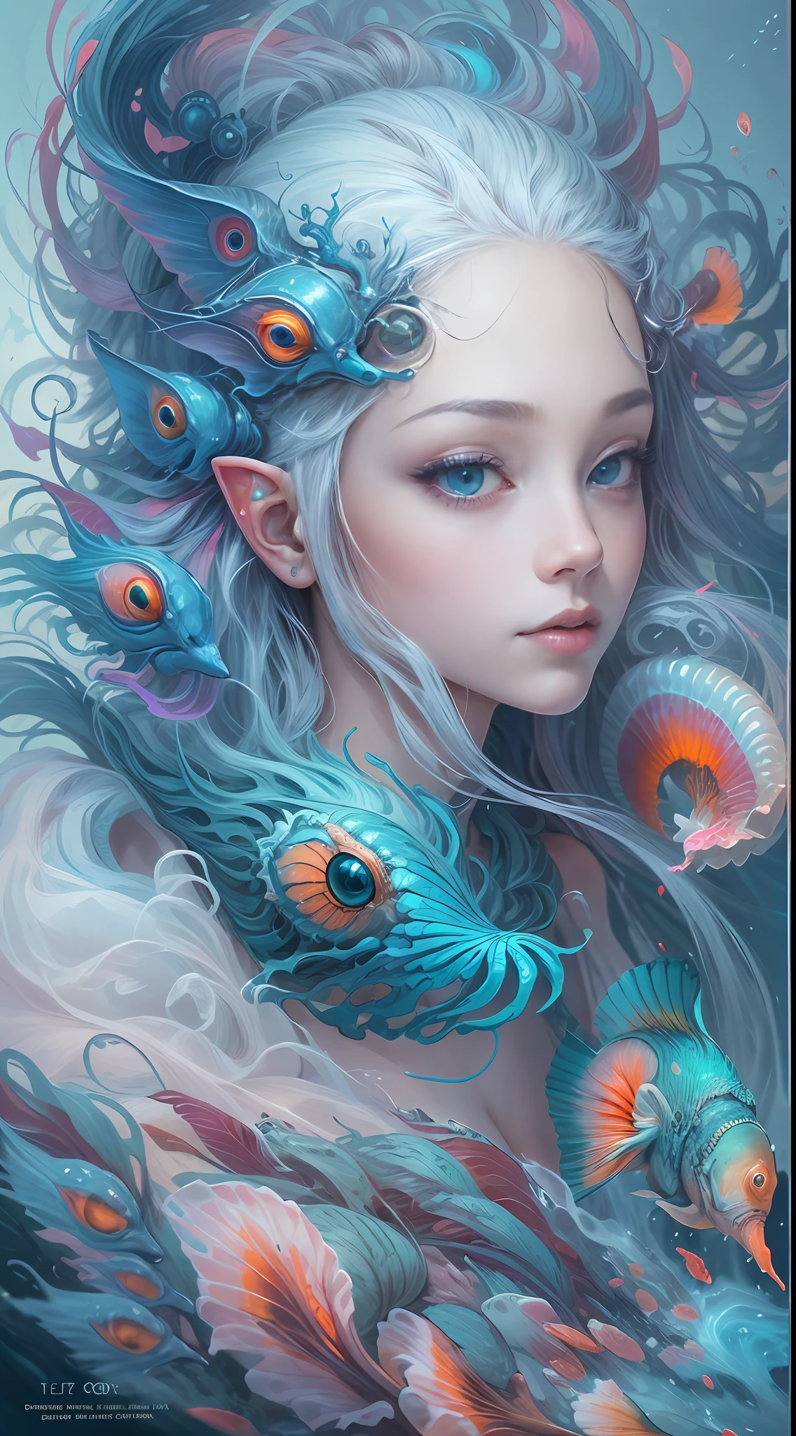best qualtiy，tmasterpiece，Ultra-high resolution，（photograph realistic：1.4），Ultra-realistic realism，Dream-like，Beautiful blue-skinned elves，There is a phoenix peacock on the head, nautilus, a betta fish，The creation of fantasy，Brain conch，Dream Conch，Biopunk nautilus，Thrilling color scheme， Ultra-realistic realism， abstracted， psychedelia,