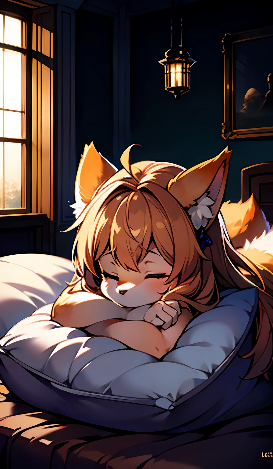 furry,1 fox girl,Soft fluff， adolable, go to bed, eye closeds, (freckle:0.2), Lie down in bed, Headrest on the pillow, Bedrooms, detailedbackground, inside in room, hires, (Fidelity:1.4), (in the darkness nigth, deep shading, low tune:1.1 ), Diffuse natural skin glow, diffused dark light, wide wide shot