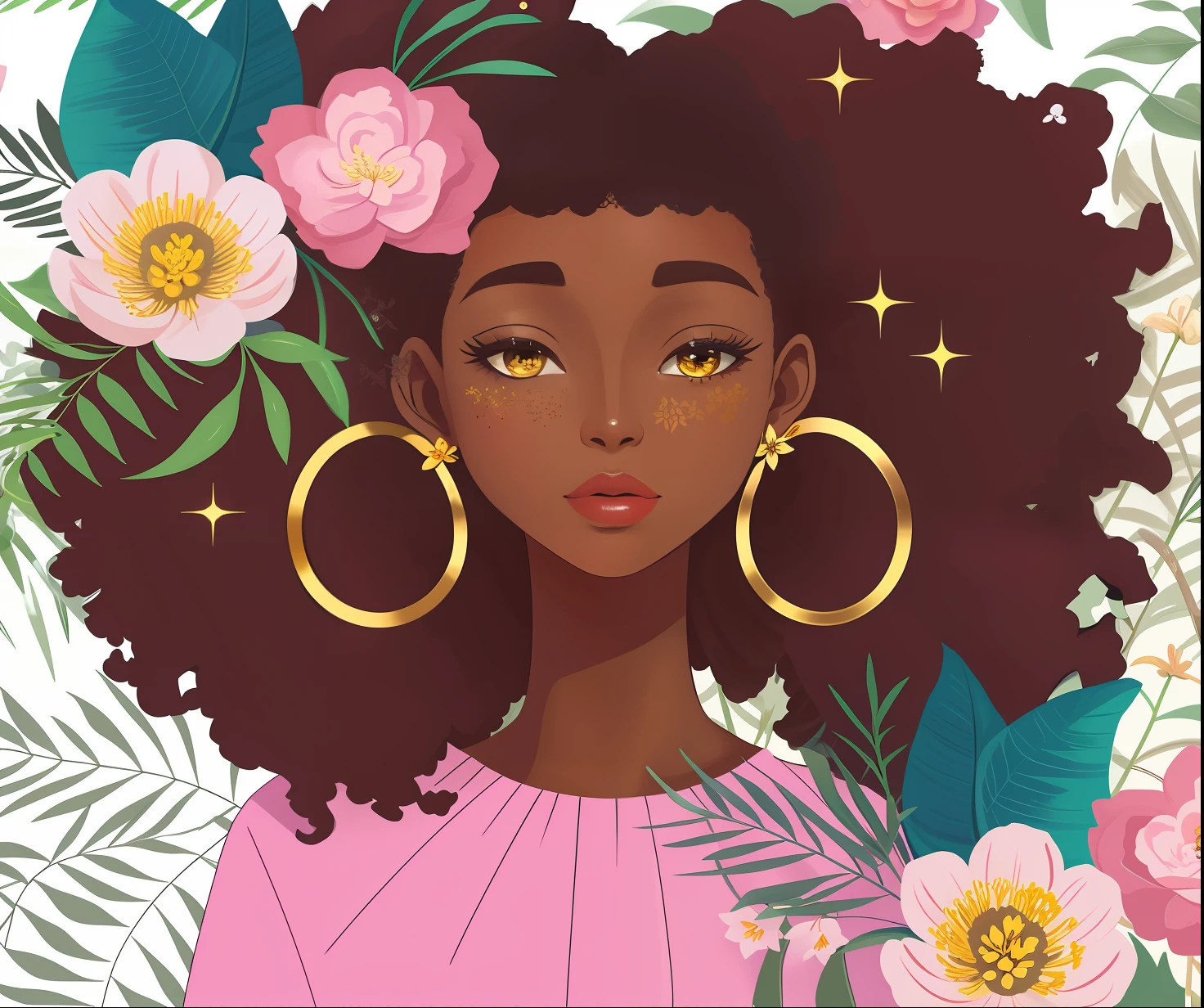 afroamerikanisches Mädchen，Schwarzes Mädchen，schönes Mädchen，Goldene Ohrringe，Blüten，Der Hintergrund ist eine Vielzahl von Pflanzen，Der Hintergrund wird schwarz