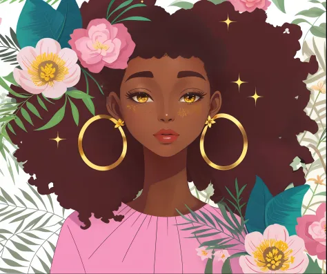african american girl，Black girl，beautiful  Girl，Gold earrings，blossoms，The background is a variety of plants，The background cha...