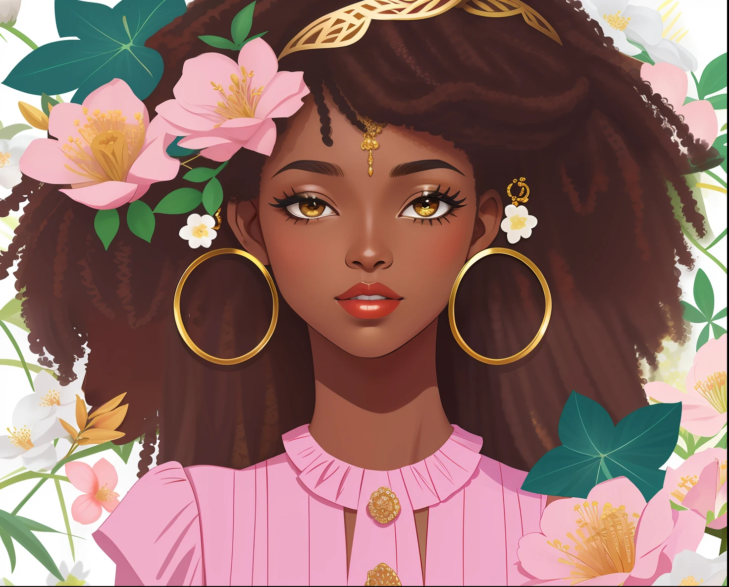 african american girl，Black girl，beautiful  Girl，Gold earrings，blossoms，The background is a variety of plants