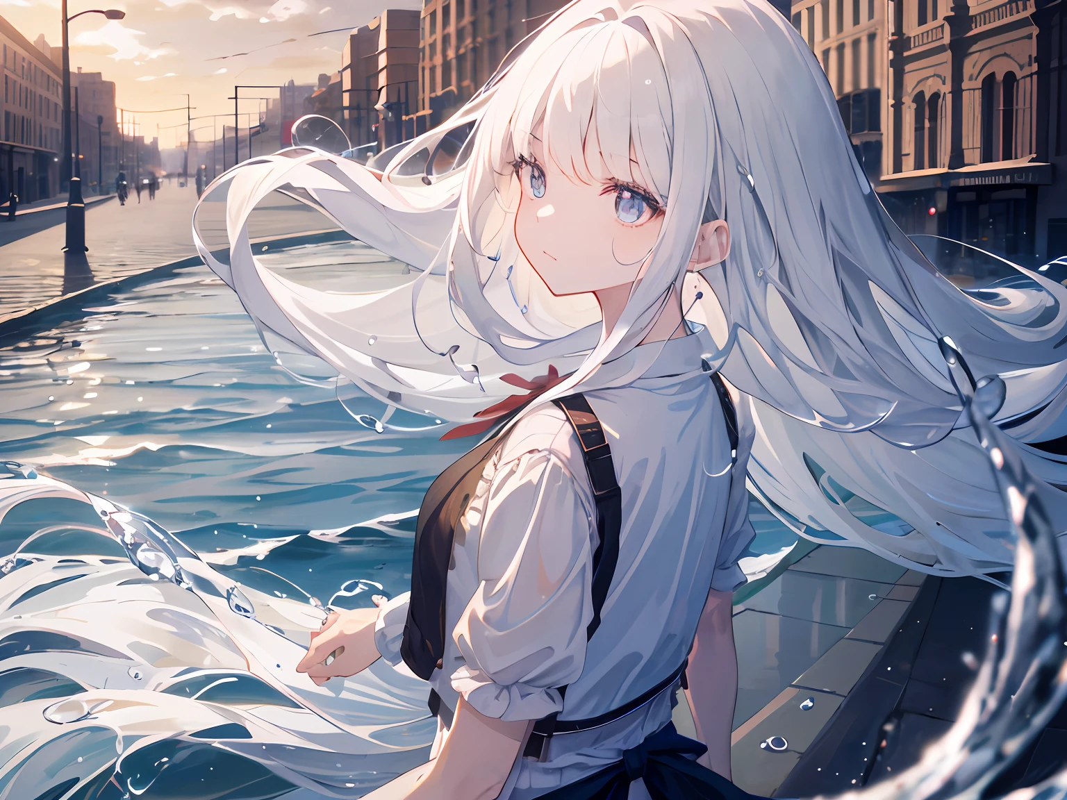 (Background), masterpiece, best quality,Illustration, Wallpaper, ultra detail, absurdres, 1girl, solo, (liquid hair:1.2), beautiful detailed eyes,
bangs, cowboy shot, long hair, magical girl, white hair, waves,  water,  water drop, looking to the side, wading, 
(street:1.5),  sun, cloudy sky,