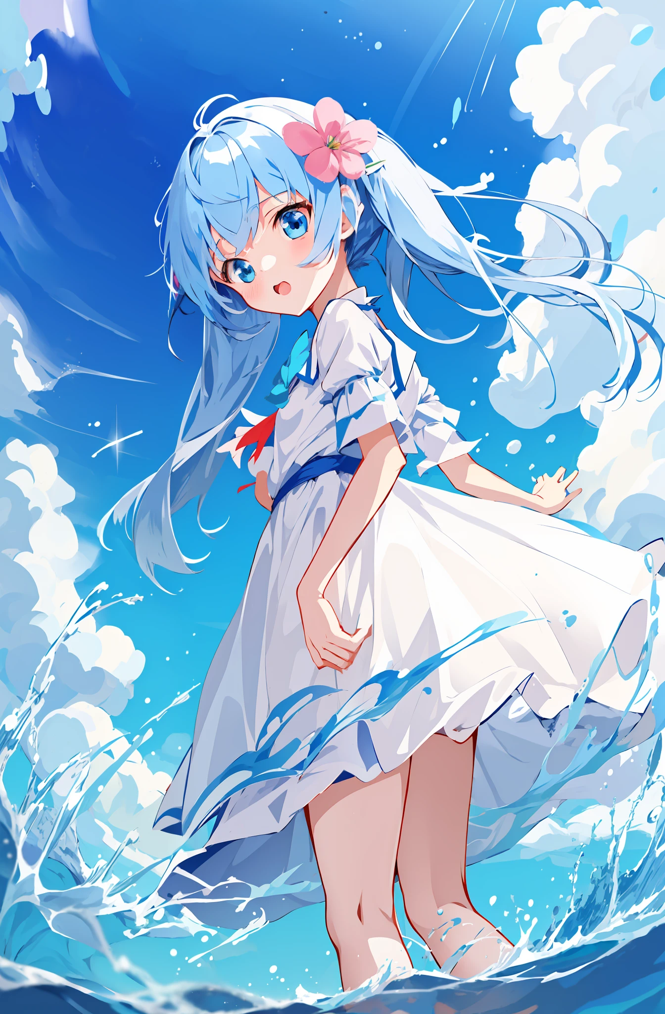 When an anime girl in a white dress stands in the sea、the hair flutters with the wind, loli in dress, Cirno, Lori, official artwork, anime moe art style, azure sky, anime style 4 k, splash art anime loli, cirno touhou, Wallpaper Anime Blue Water, cirno from touhou, beautifull puffy clouds. Anime