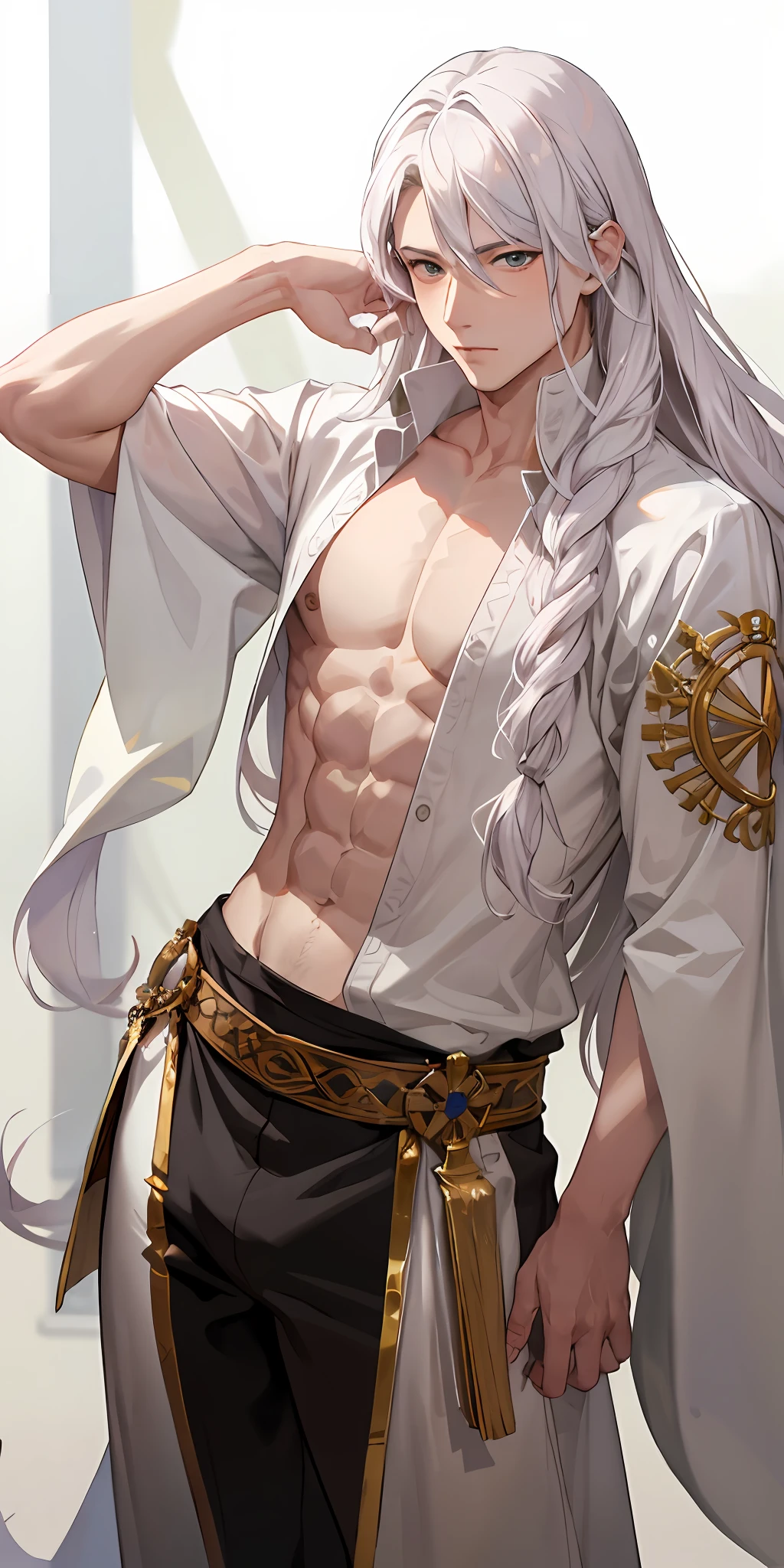 Anime male with white hair and no shirt posing for a picture - SeaArt AI