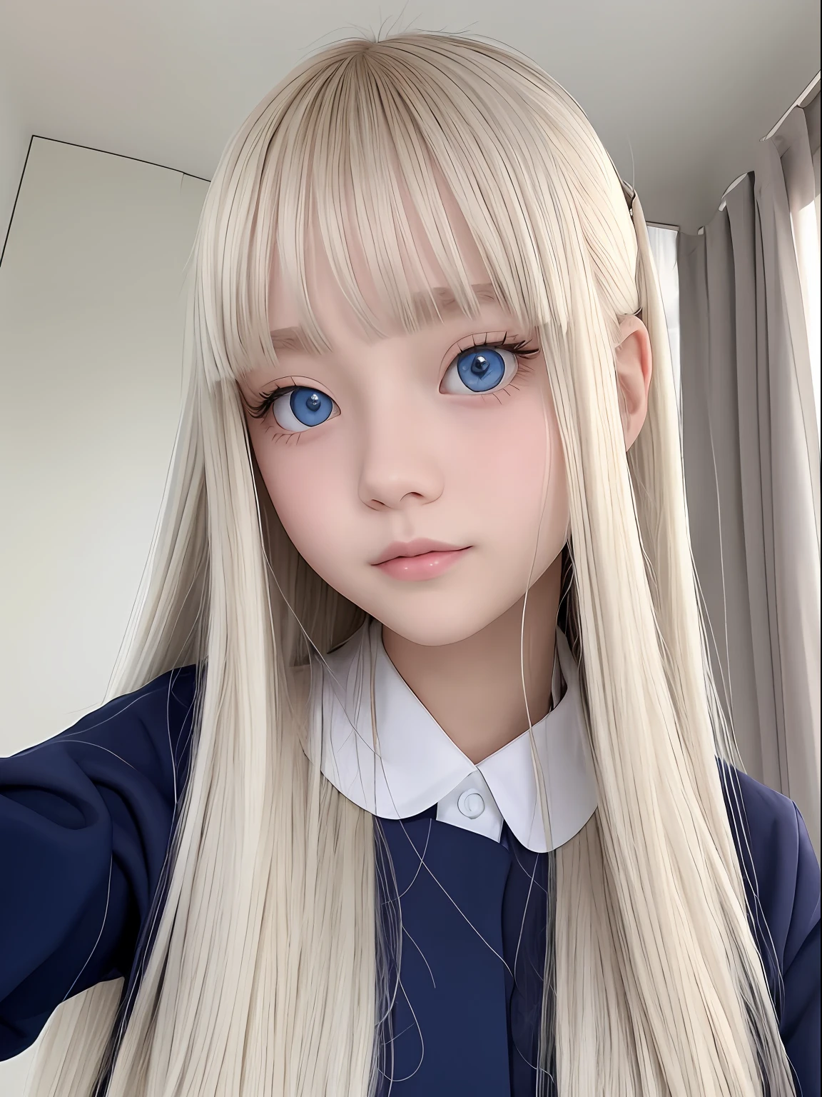 bright expression、photorealisim、top-quality、超A high resolution、a picture、Photos of the most beautiful Nordic girls、Detailed cute and beautiful face、a small face、(pureerosface_v1:0.008)、Beautiful bangs、alice in the wonderland、18year old、Glowing white shiny skin、poneyTail、Bangs that extend to the face、bangss、Hair between the eyes、Super long hair、Attractive bright natural platinum blonde super long straight silky hair、finer hair、Attractive glowing beautiful bright clear light blue big eyes、School Uniforms、student clothes、eye liner、Double eyelids、ample breasts