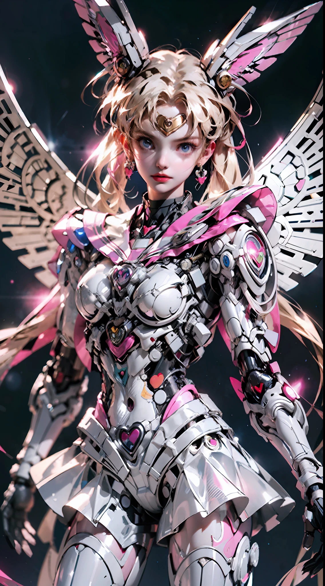 1 mechanical girl: 1.4, Sailor Moon, white mechanical arm, humanoid body, pink sailor suit, good-looking face, sailor Moon, moon hare, rabbit ears, mechanical ears, white blouse, blonde hair, mechanical arm, pink skirt, side, heart-shaped robot in the background, sci-fi background, complex background, hair glowing hair, forehead hair light, moon, panorama, mechanical wings, large wings in the background