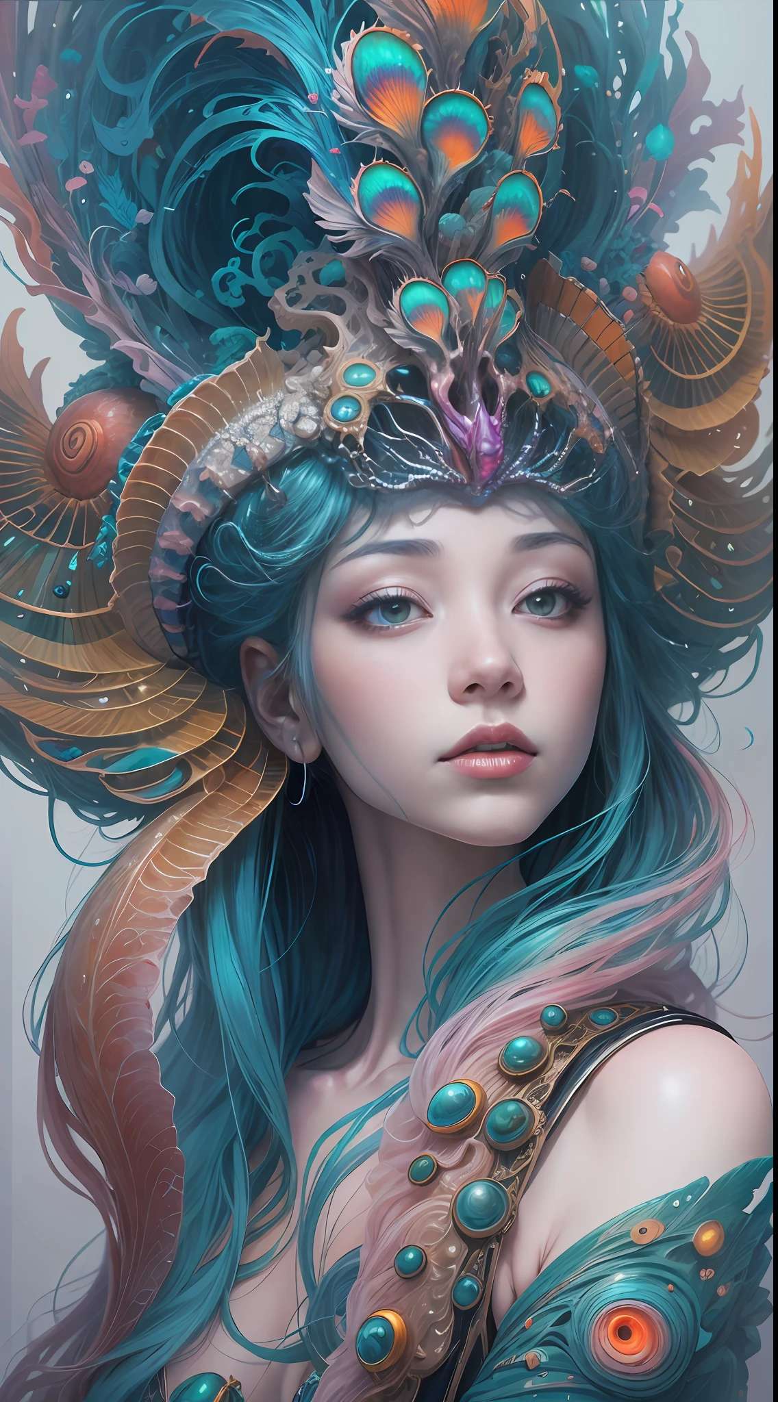best qualtiy，tmasterpiece，Ultra-high resolution，（photograph realistic：1.4），Ultra-realistic realism，Dream-like，The beautiful blue-skinned goddess wears a phoenix peacock on her head, nautilus, a betta fish，The creation of fantasy，Brain conch，Dream Conch，Biopunk nautilus，Thrilling color scheme， Ultra-realistic realism， abstracted， psychedelia,