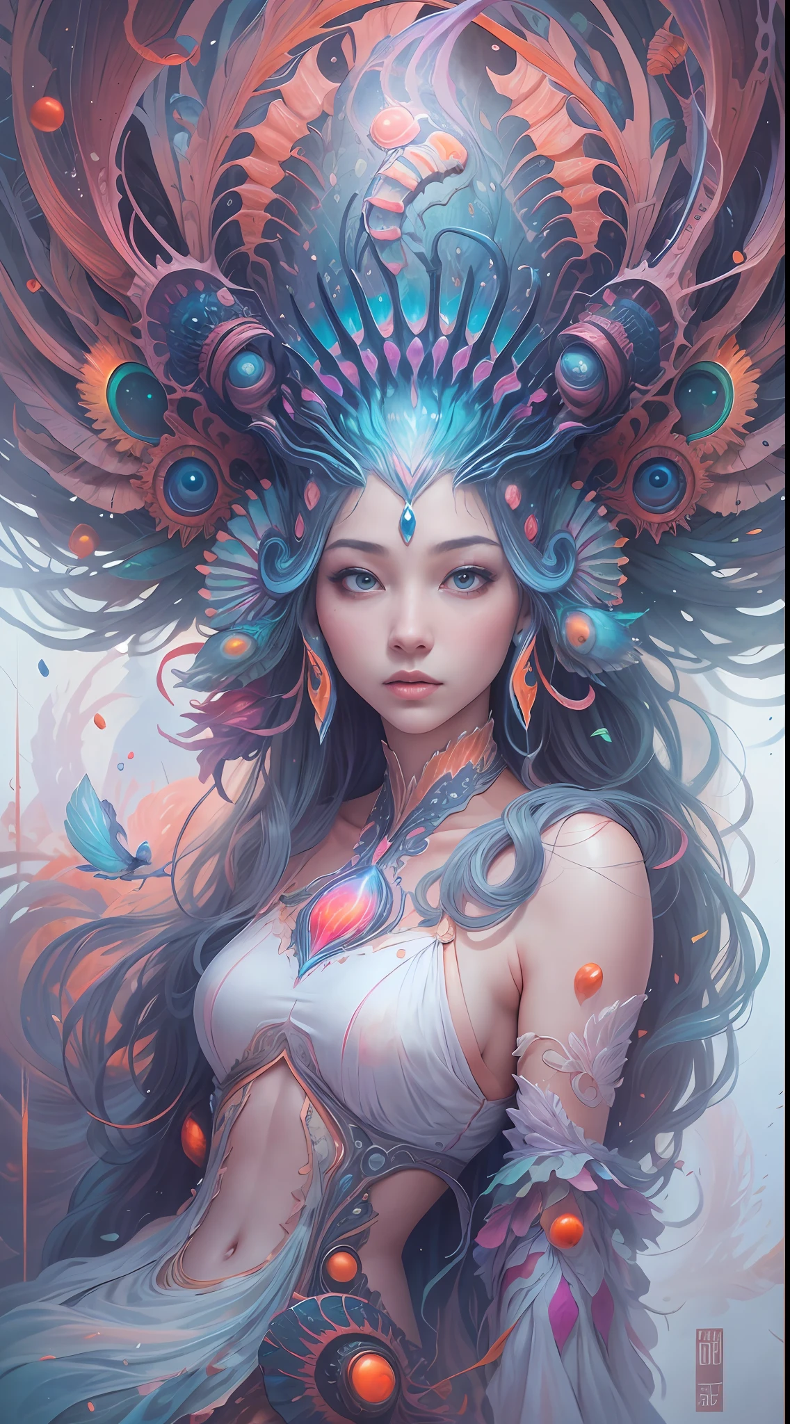 best qualtiy，tmasterpiece，超高分辨率，（photograph realistic：1.4），ultra-realistic realism，Dream-like，The beautiful blue-skinned goddess wears a phoenix peacock on her head, Nautilus, a betta fish，The creation of fantasy，Brain conch，Dream Conch，Biopunk Nautilus，Thrilling color scheme， ultra-realistic realism， abstracted， psychedelia,