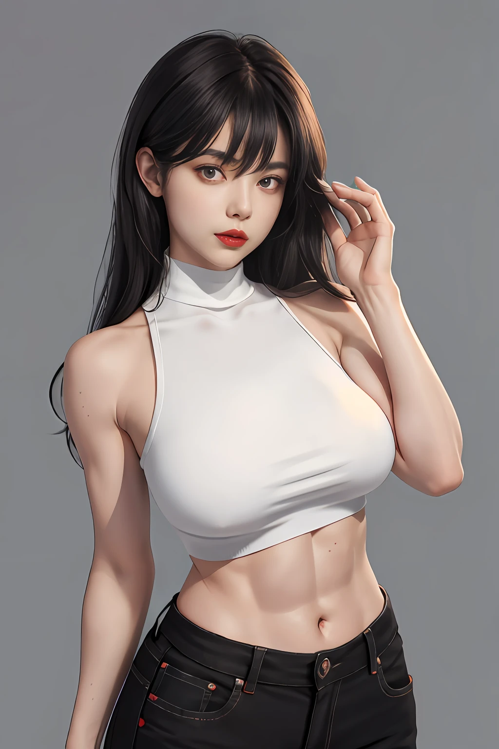 Girls, Bangs, Bare Shoulders, Black Pants, Breasts, Breasts squeezed together, Grey background, Hair between the eyes, Huge breasts, Long hair, View Viewer, Pants, Parted lips, Red eyes, Shirt, Simple background, Sleeveless, Sleeveless shirt, Solo, Turtleneck, V arm, White hair,(Shiny skin),(Masterpiece:1.4),(Best quality:1.4),,Facigirl,Red lips,Perfect abs, Navel, (nipple: 1.5), (sheer areola), nipple, huge, sweat, whole body