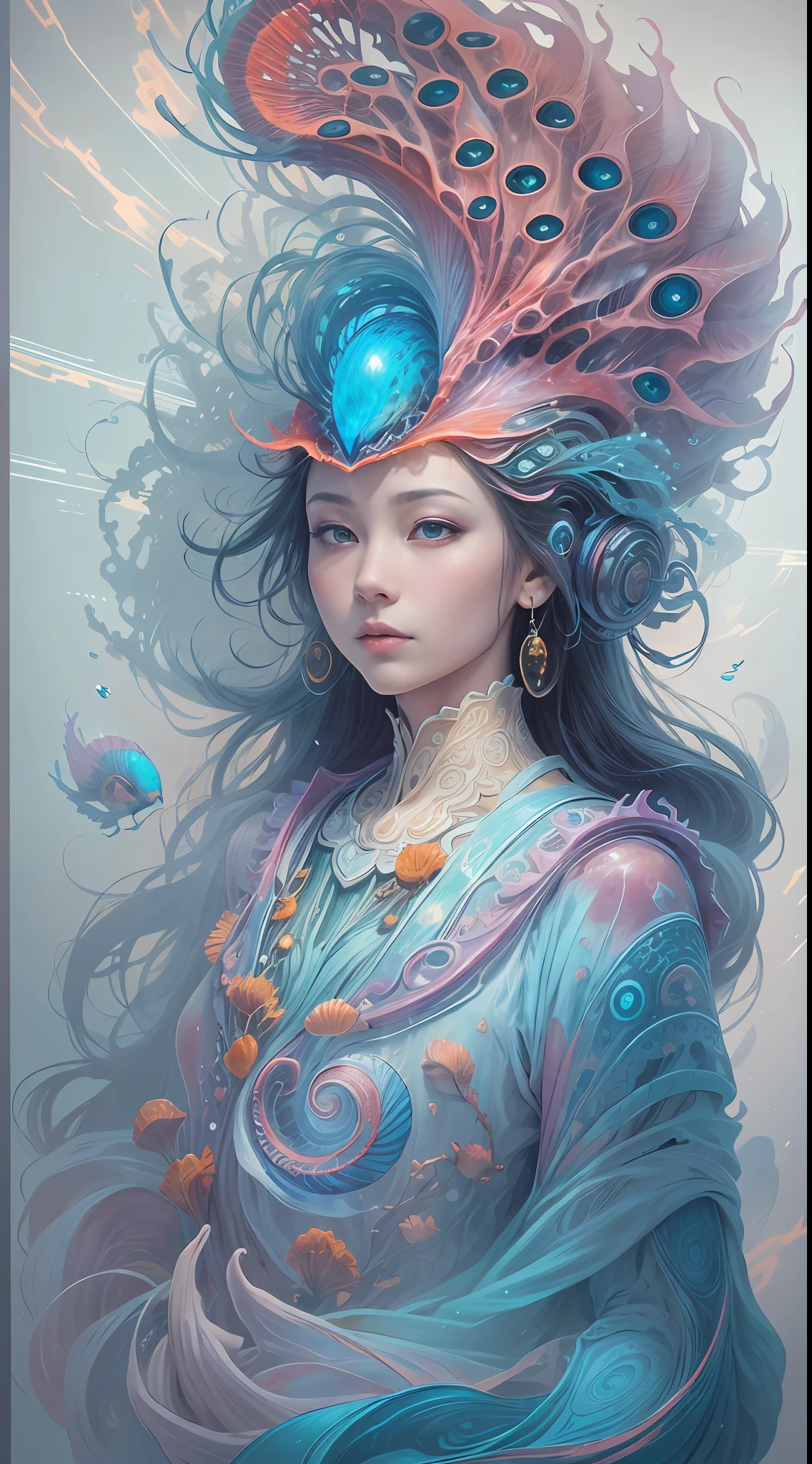 best qualtiy，tmasterpiece，Ultra-high resolution，（photograph realistic：1.4），Ultra-realistic realism，Dream-like，The beautiful blue-skinned goddess wears a phoenix peacock on her head, nautilus, a betta fish，The creation of fantasy，Brain conch，Dream Conch，Biopunk nautilus，Thrilling color scheme， Ultra-realistic realism， abstracted， psychedelia,