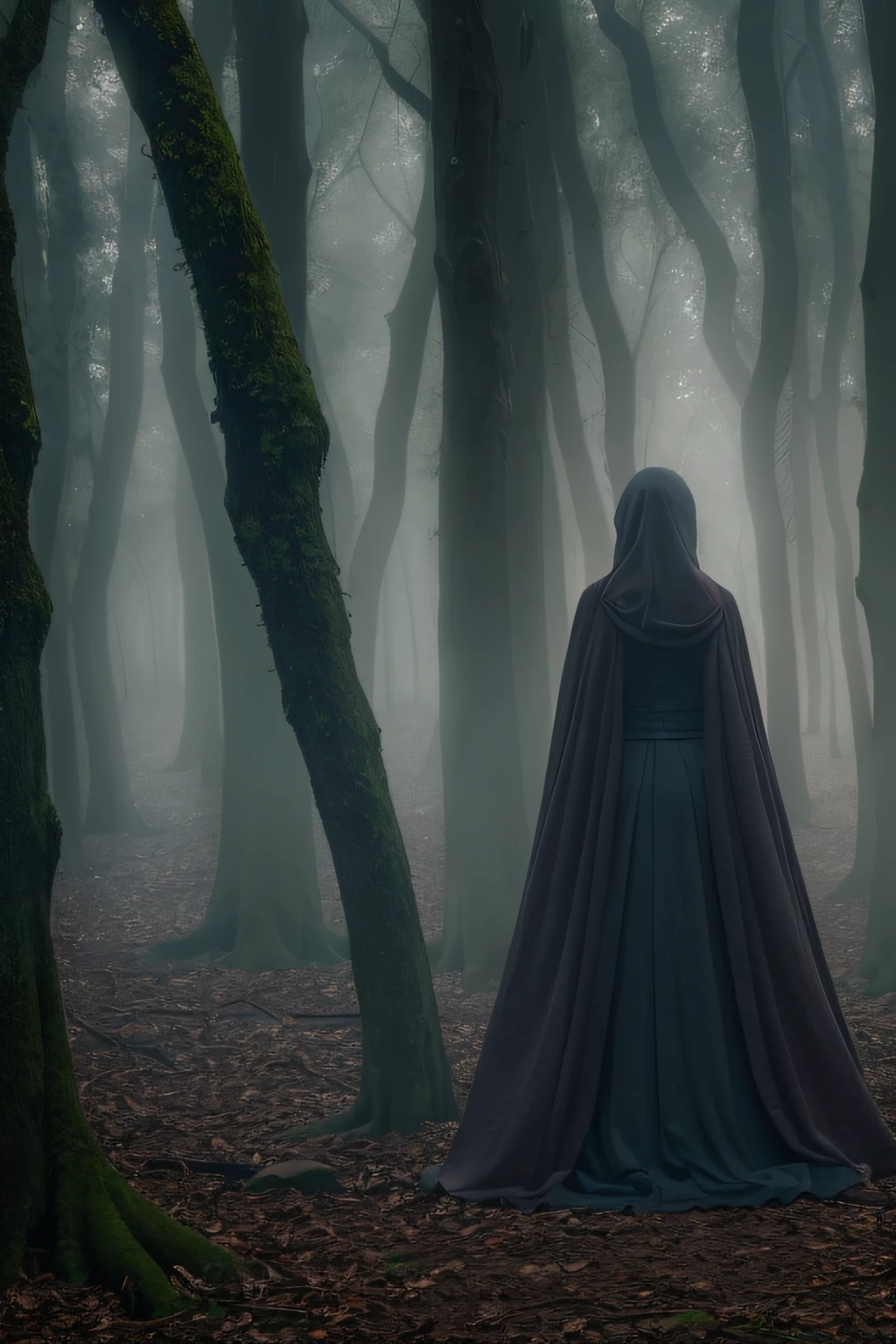 Amidst a dense forest shrouded in mist, a person with anxiety wanders through the labyrinth of trees. The air is thick with an eerie silence, and the person's apprehension is palpable as they look over their shoulder, feeling an inexplicable fear of the unknown. The ethereal quality of the woods adds to the sense of foreboding, making it seem like a place from a haunting fairytale. The photograph captures the feeling of being lost in one's thoughts and emotions, surrounded by a haunting beauty that mirrors their inner struggles. Photo taken by Elena Petrova with a Nikon D850 and a 50mm lens, utilizing natural light and subtle artificial lighting to create a mystical and emotive scene. --v 5 --q 2