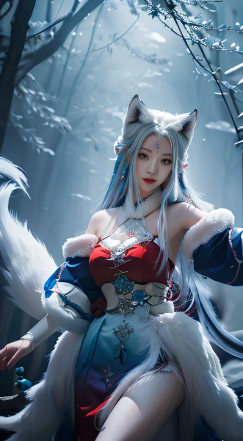 send，tmasterpiece，beautifuldetails，Extremely colorful，Exquisite details，Delicate lips，The details are complex，Realiy，Ultra photo realsisim，A girl and a white-haired fox sit on a branch：1.1，Large breasts，Raised sexy，seductiv，ethereal fox，nine tail fox，Fox t...